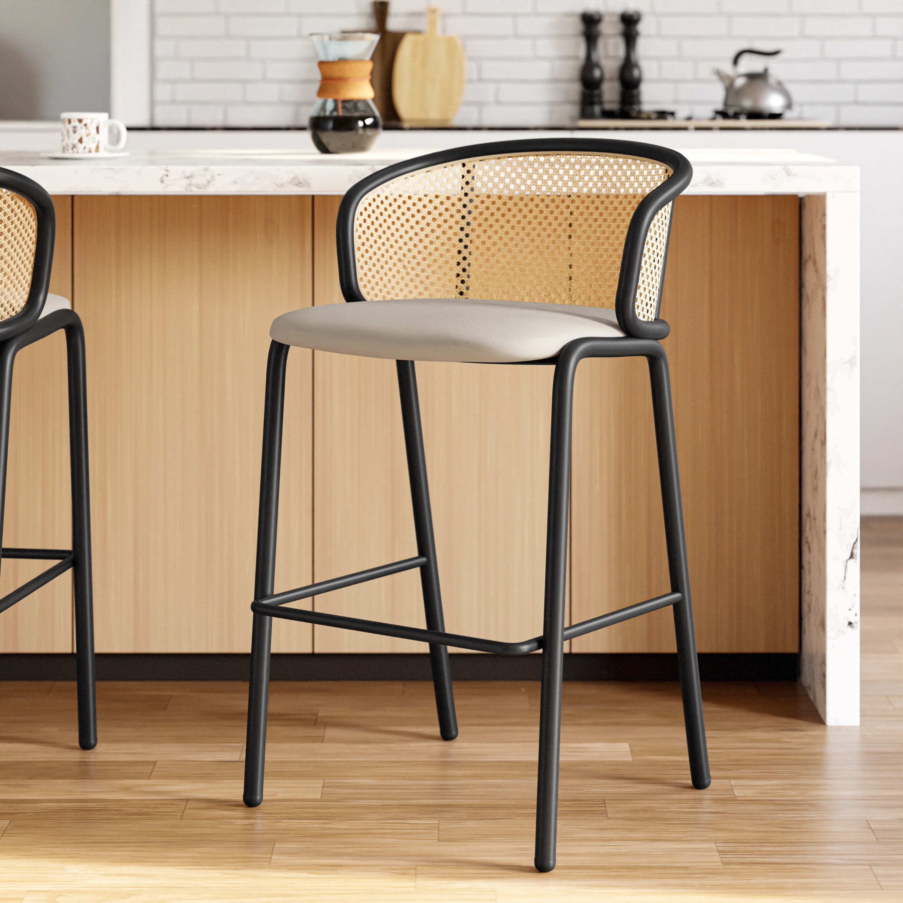 Ervilla Mid-Century Modern Wicker Bar Stool with Fabric Seat and Black Powder Coated Steel Frame, Set of 2 in Beige