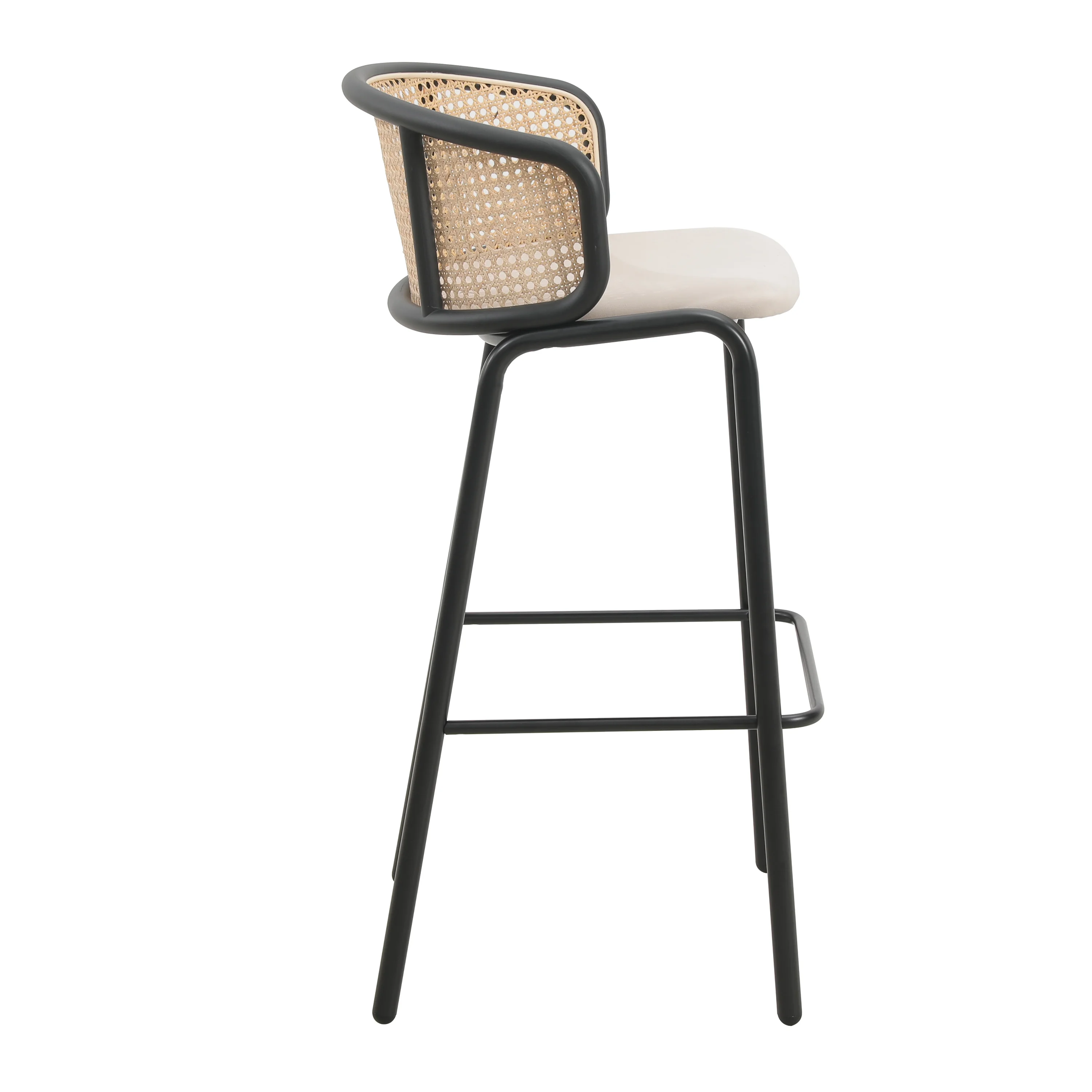 Ervilla Mid-Century Modern Wicker Bar Stool with Fabric Seat and Black Powder Coated Steel Frame, Set of 2 in Beige