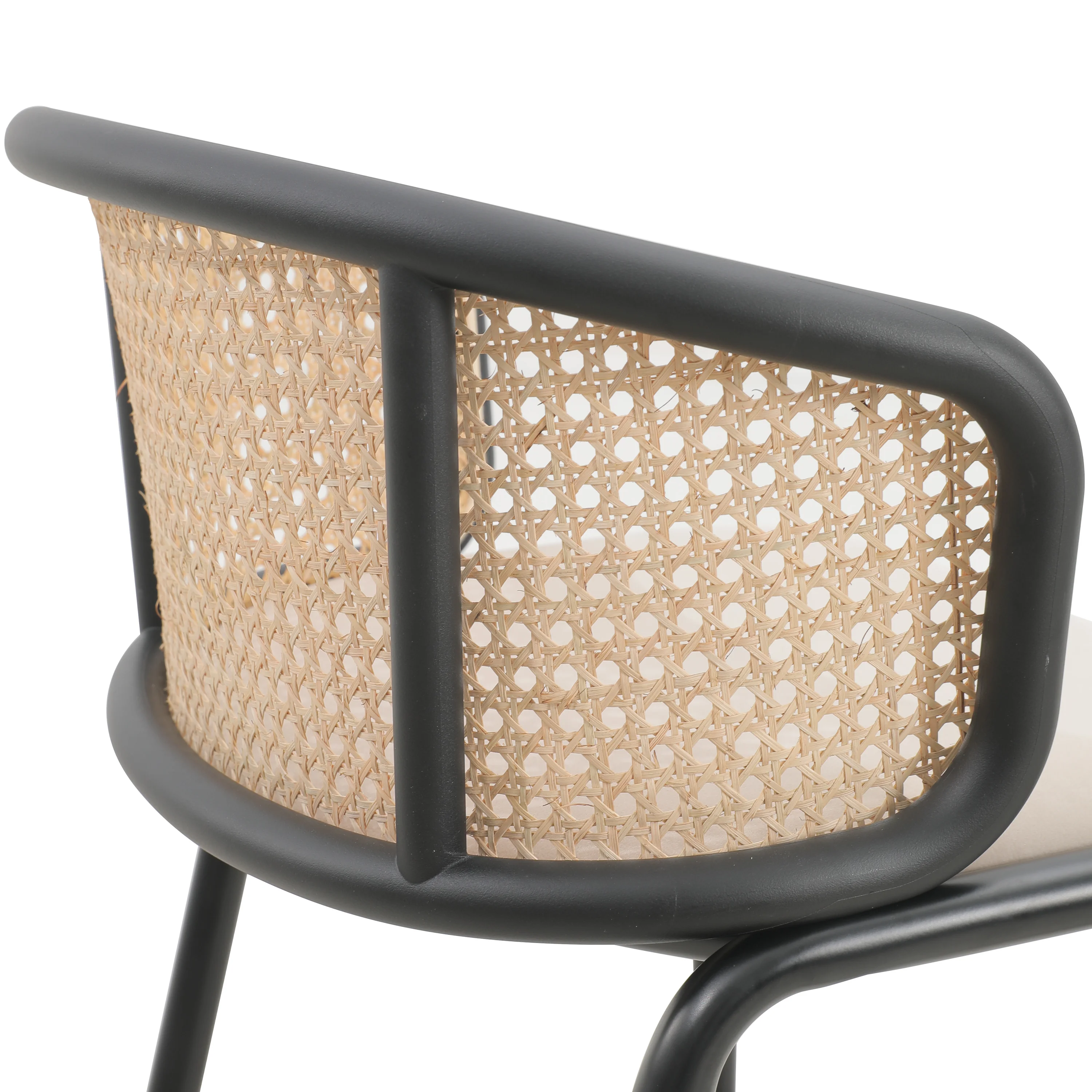 Ervilla Mid-Century Modern Wicker Bar Stool with Fabric Seat and Black Powder Coated Steel Frame, Set of 2 in Beige