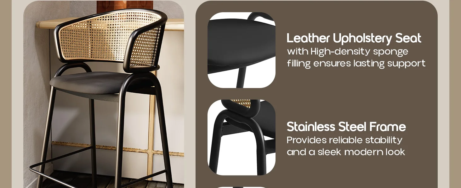Ervilla Wicker Bar Stool with Fabric Seat and Black Steel Frame - Black Leather