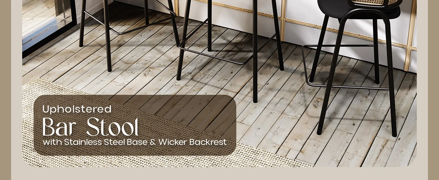 Ervilla Wicker Bar Stool with Fabric Seat and Black Steel Frame - Black Leather