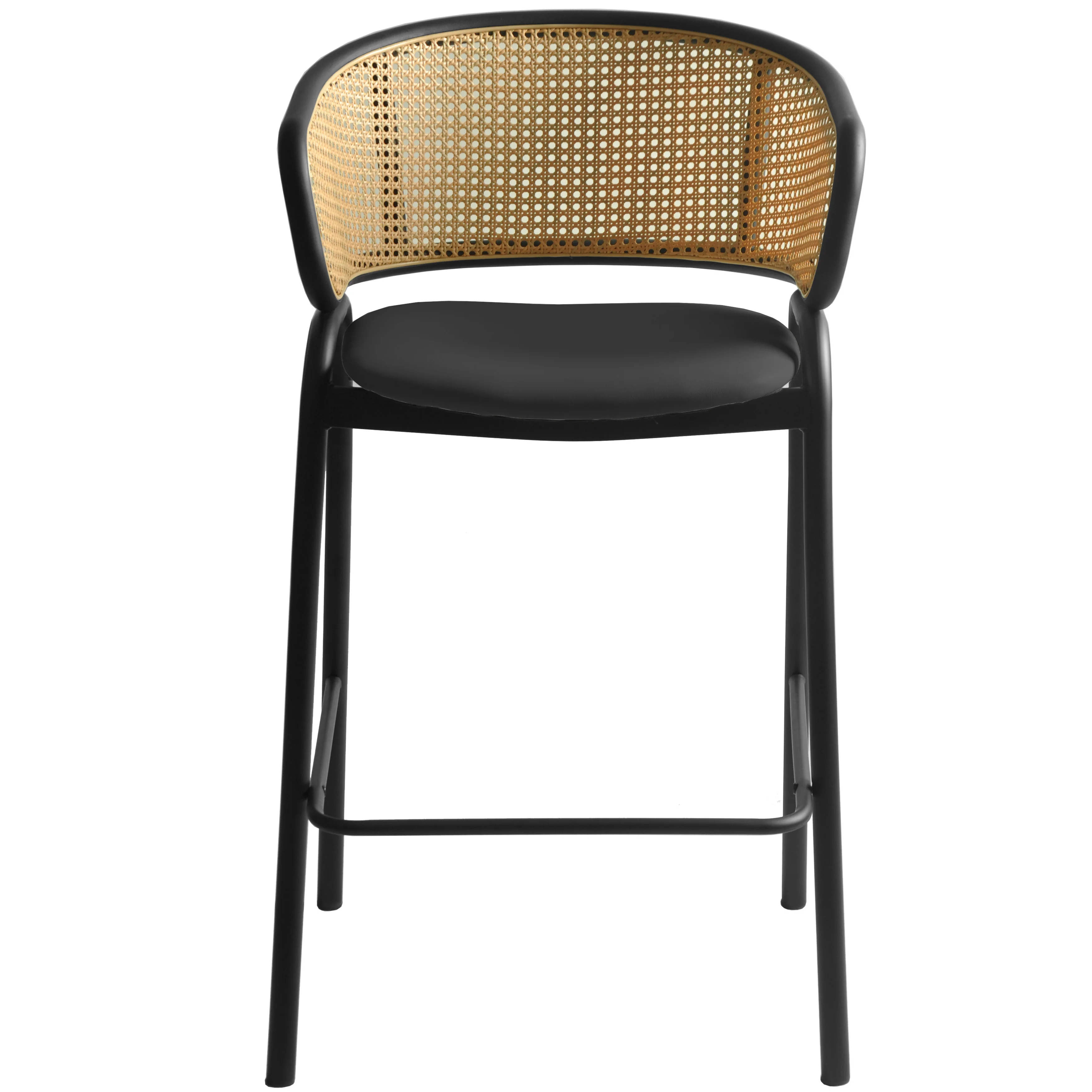 Ervilla Wicker Bar Stool with Fabric Seat and Black Steel Frame - Black Leather - Set of 2
