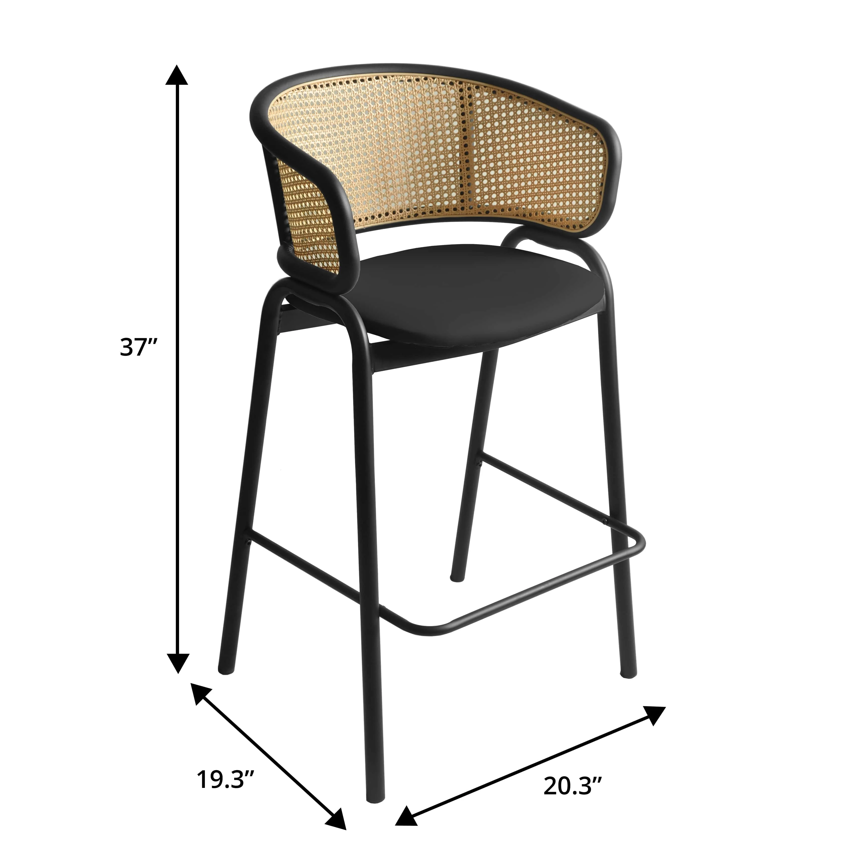 Ervilla Wicker Bar Stool with Fabric Seat and Black Steel Frame - Black Leather - Set of 2