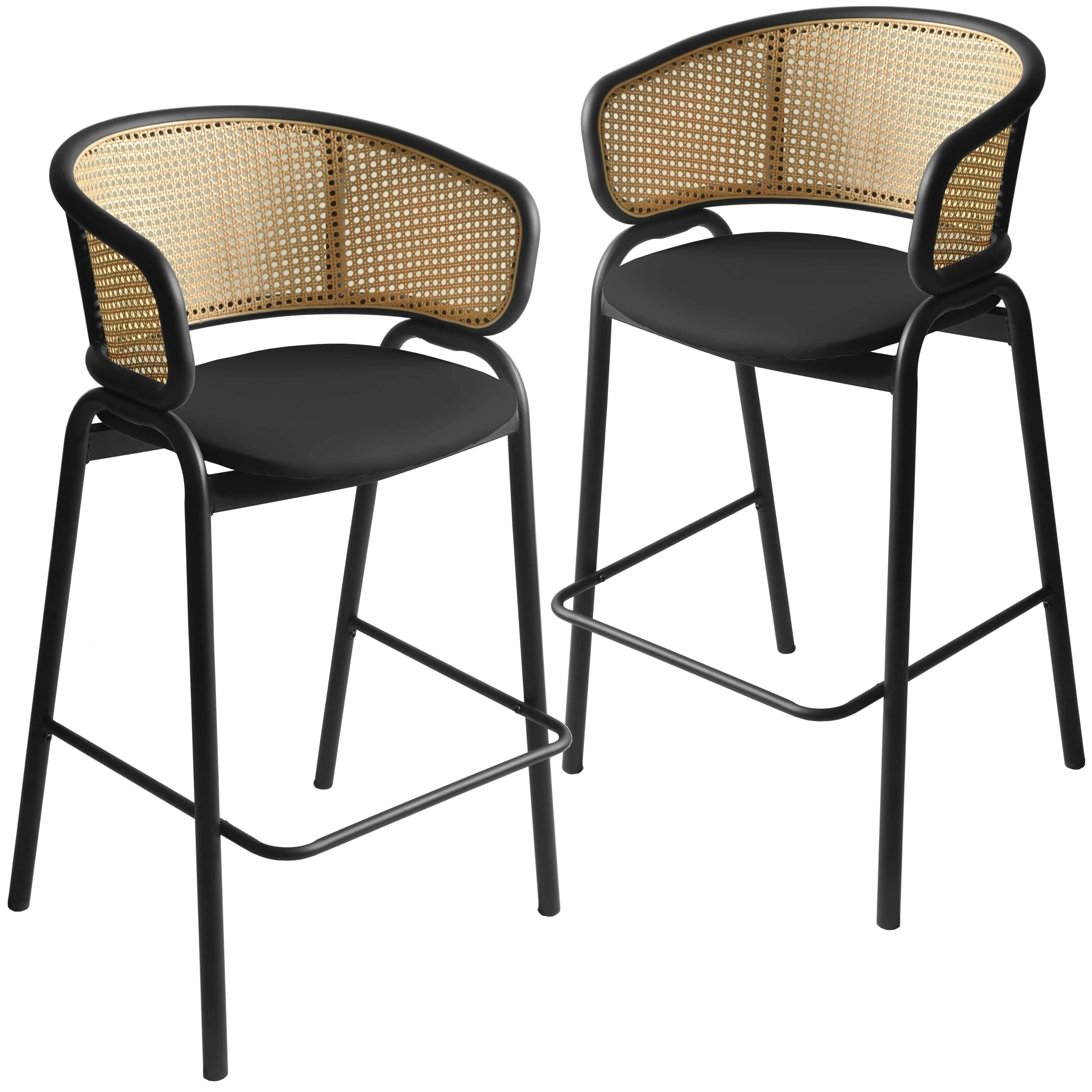 Ervilla Wicker Bar Stool with Fabric Seat and Black Steel Frame - Black Leather - Set of 2