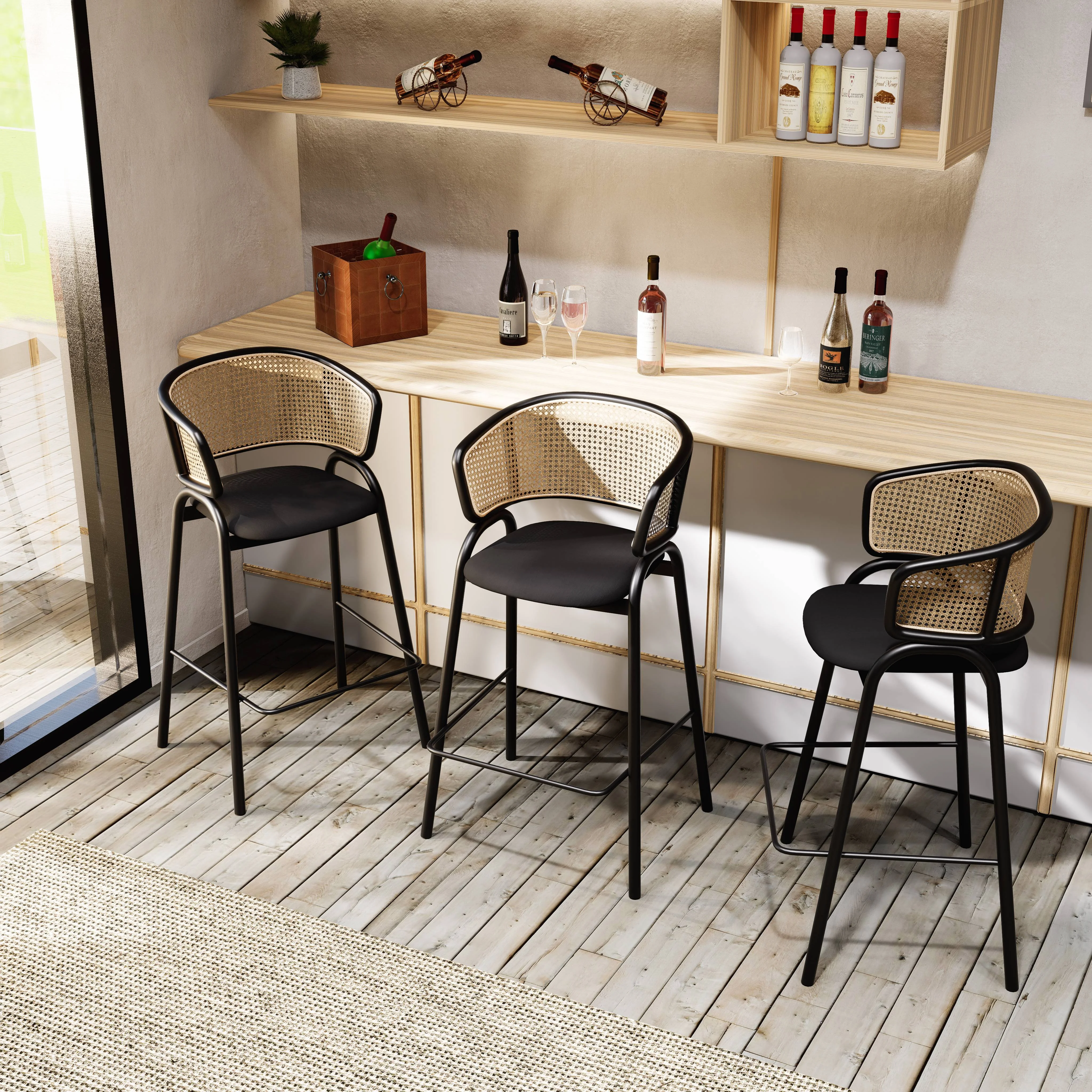 Ervilla Wicker Bar Stool with Fabric Seat and Black Steel Frame - Black Leather - Set of 2