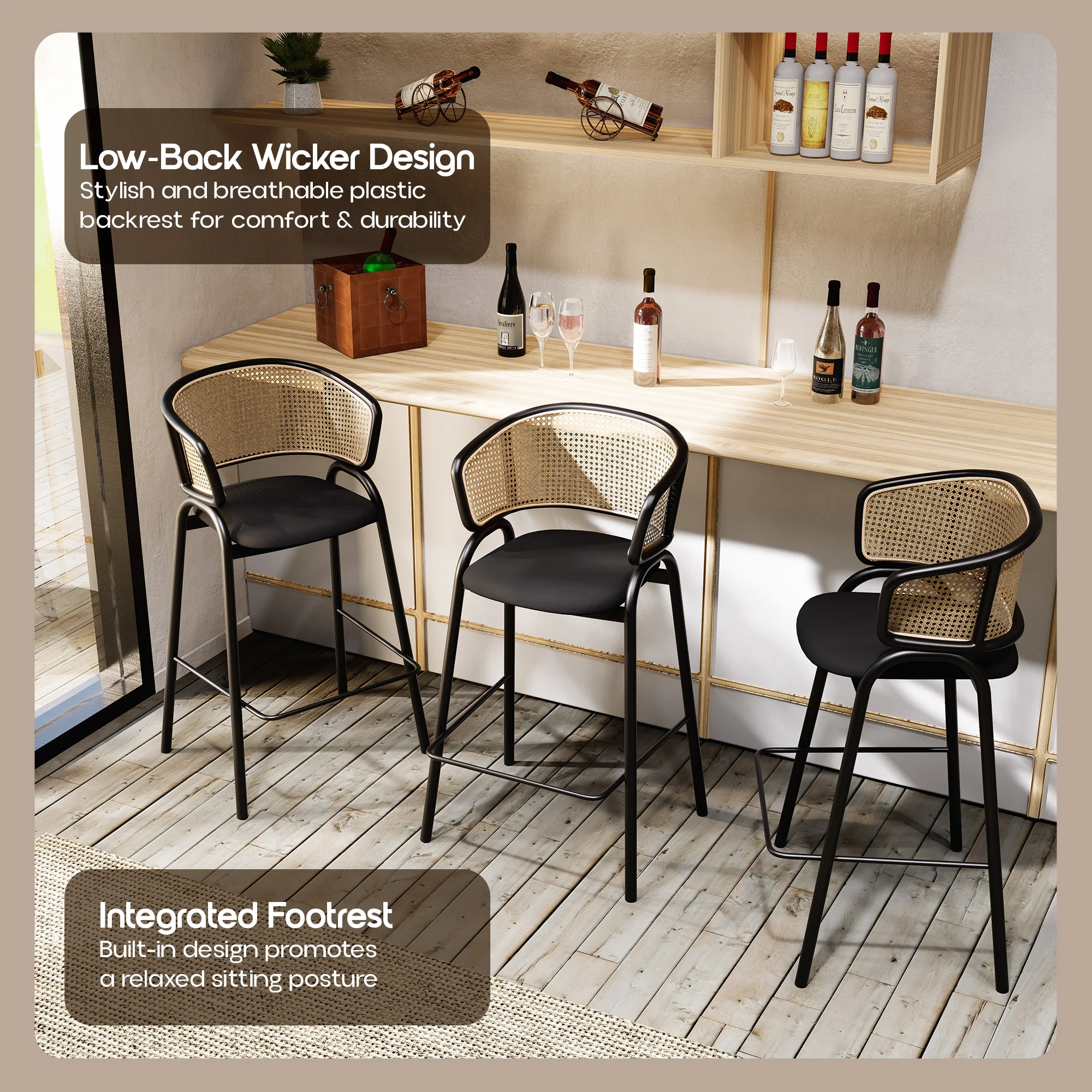 Ervilla Wicker Bar Stool with Fabric Seat and Black Steel Frame - Black Leather - Set of 2