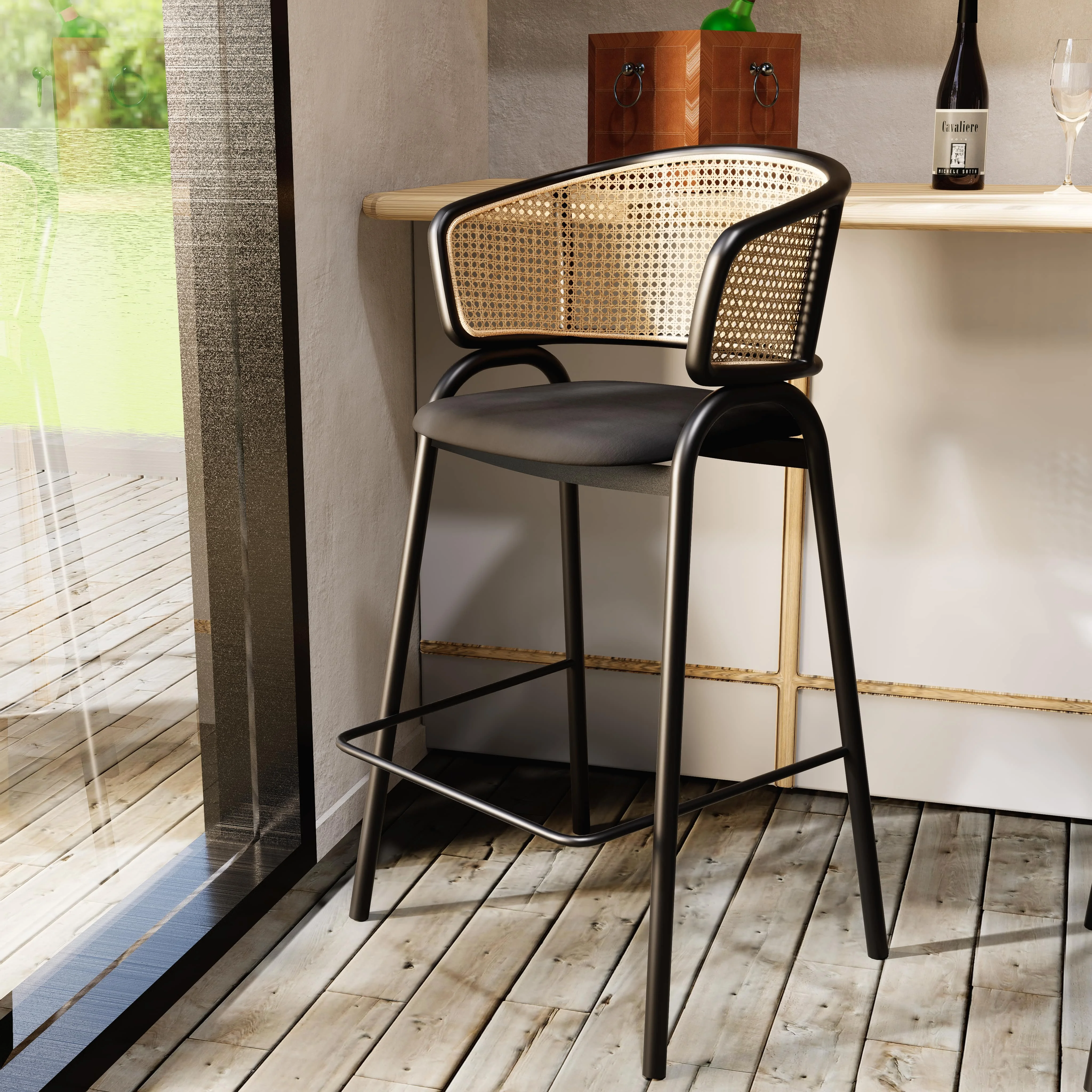Ervilla Wicker Bar Stool with Fabric Seat and Black Steel Frame - Black Leather - Set of 2