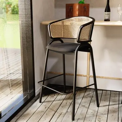 Ervilla Wicker Bar Stool with Fabric Seat and Black Steel Frame - Black Leather - Set of 2