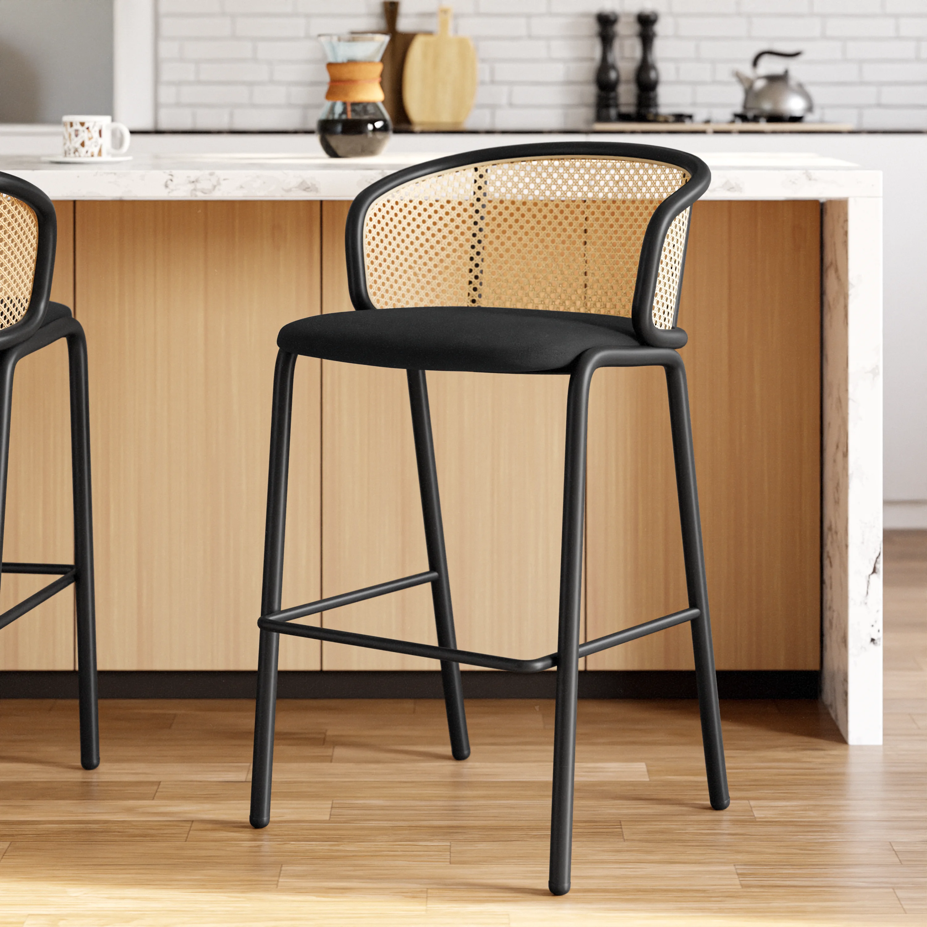 Ervilla Mid-Century Modern Wicker Bar Stool with Fabric Seat and Black Powder Coated Steel Frame for Kitchen and Dining Room in Black