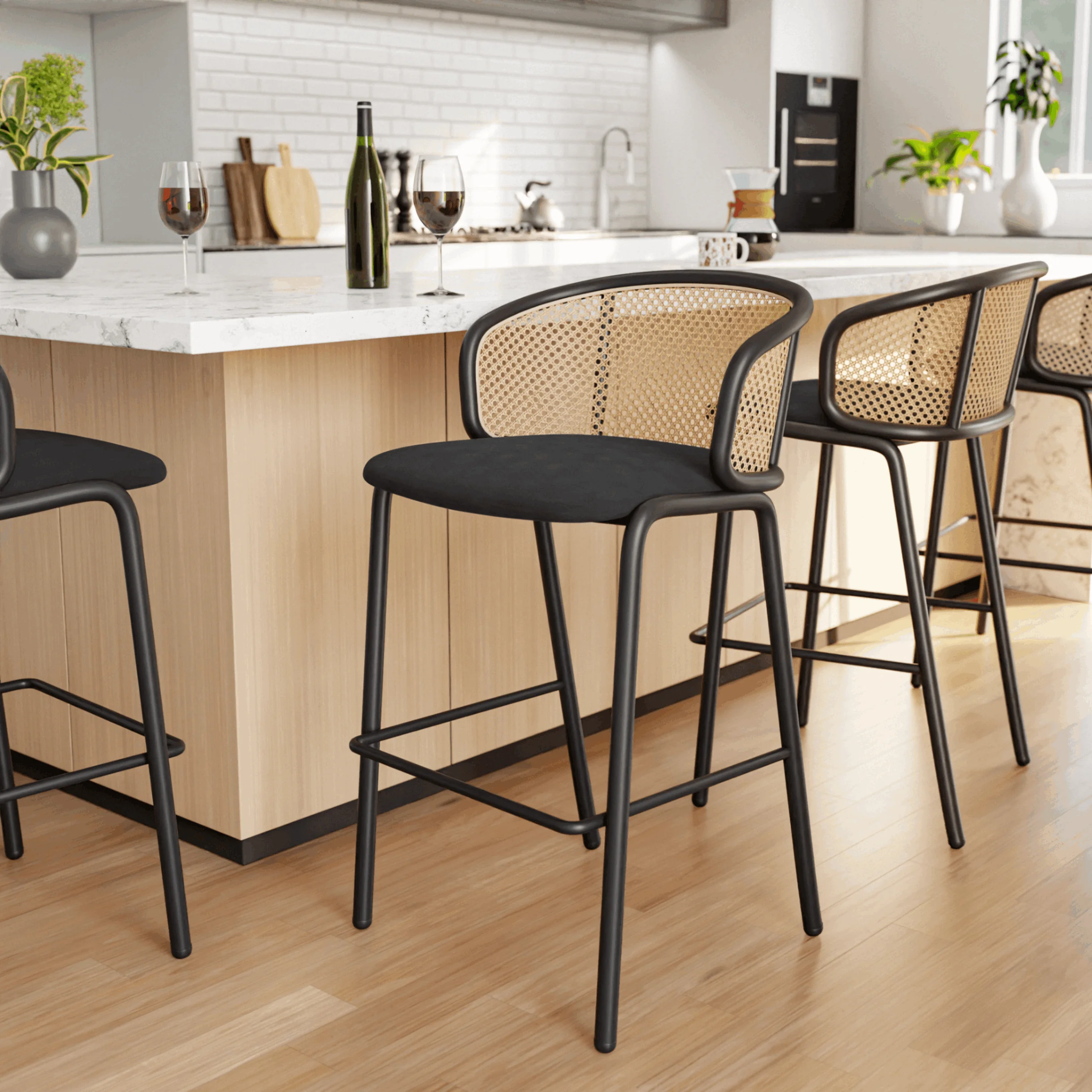 Ervilla Mid-Century Modern Wicker Bar Stool with Fabric Seat and Black Powder Coated Steel Frame for Kitchen and Dining Room in Black