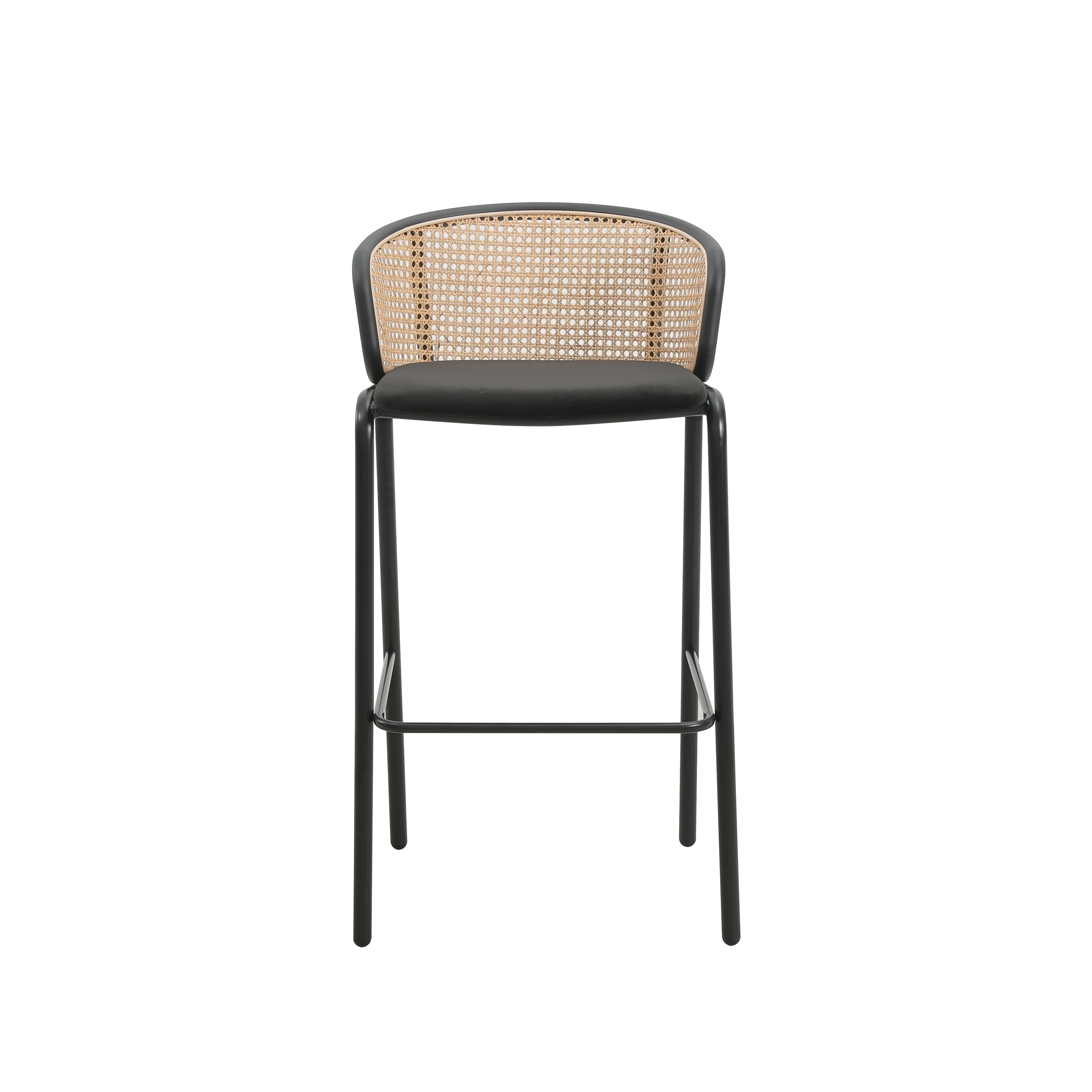Ervilla Mid-Century Modern Wicker Bar Stool with Fabric Seat and Black Powder Coated Steel Frame for Kitchen and Dining Room in Black