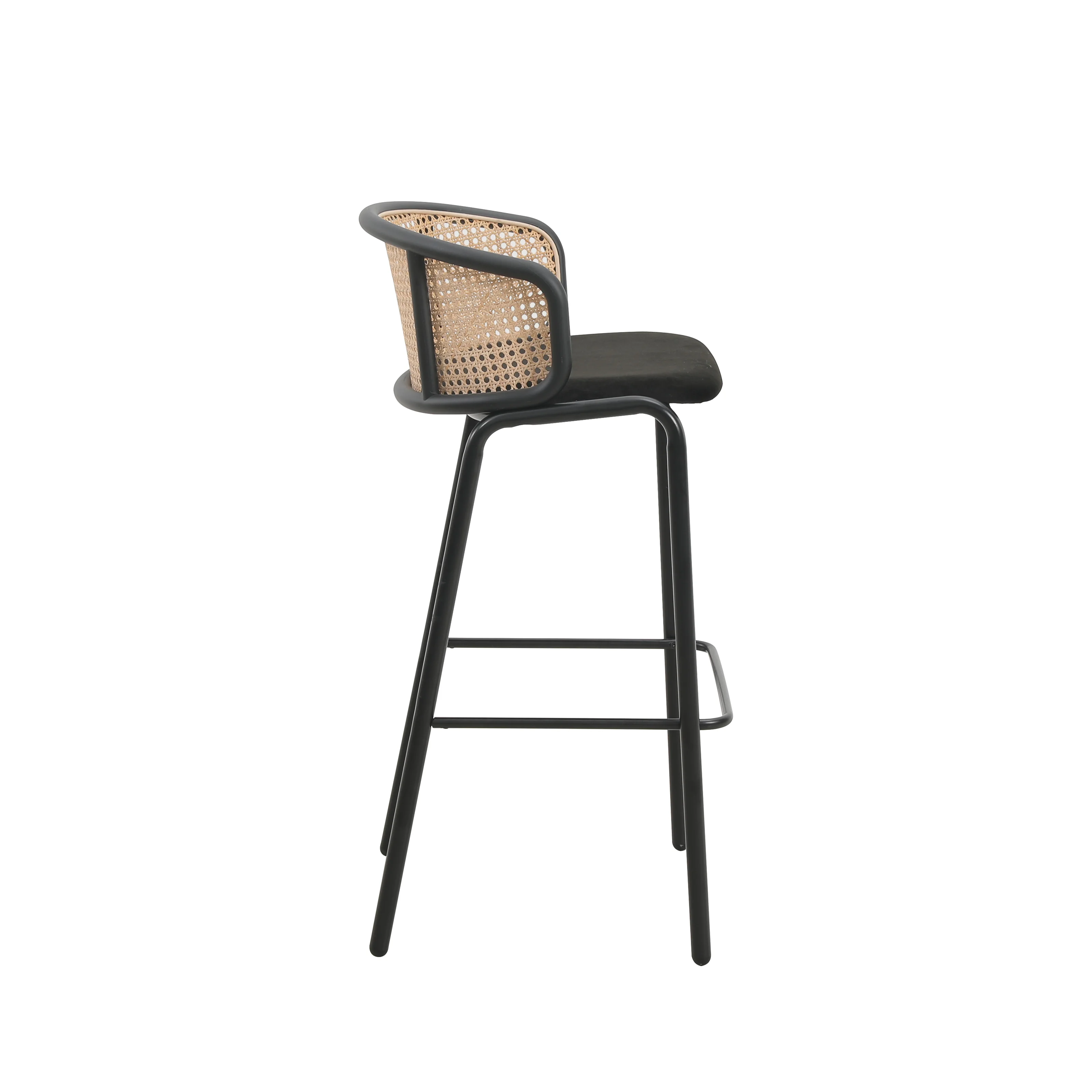 Ervilla Mid-Century Modern Wicker Bar Stool with Fabric Seat and Black Powder Coated Steel Frame, Set of 2 in Black
