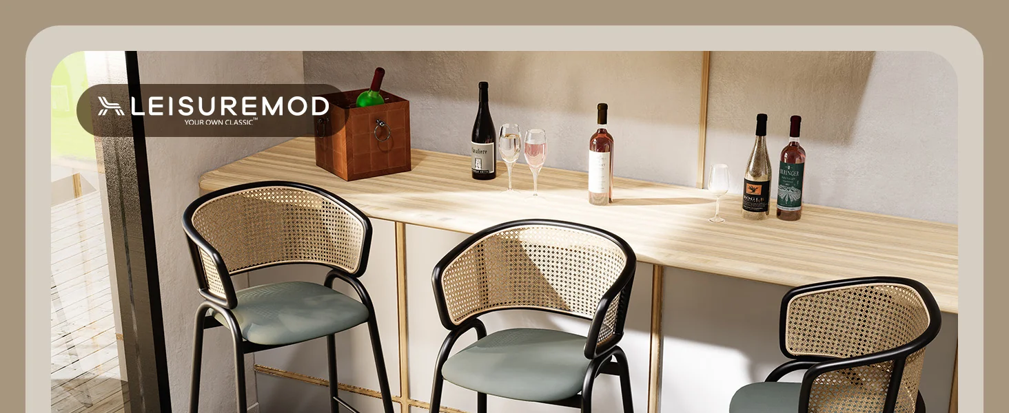 Ervilla Wicker Bar Stool with Fabric Seat and Black Steel Frame - Grey Leather