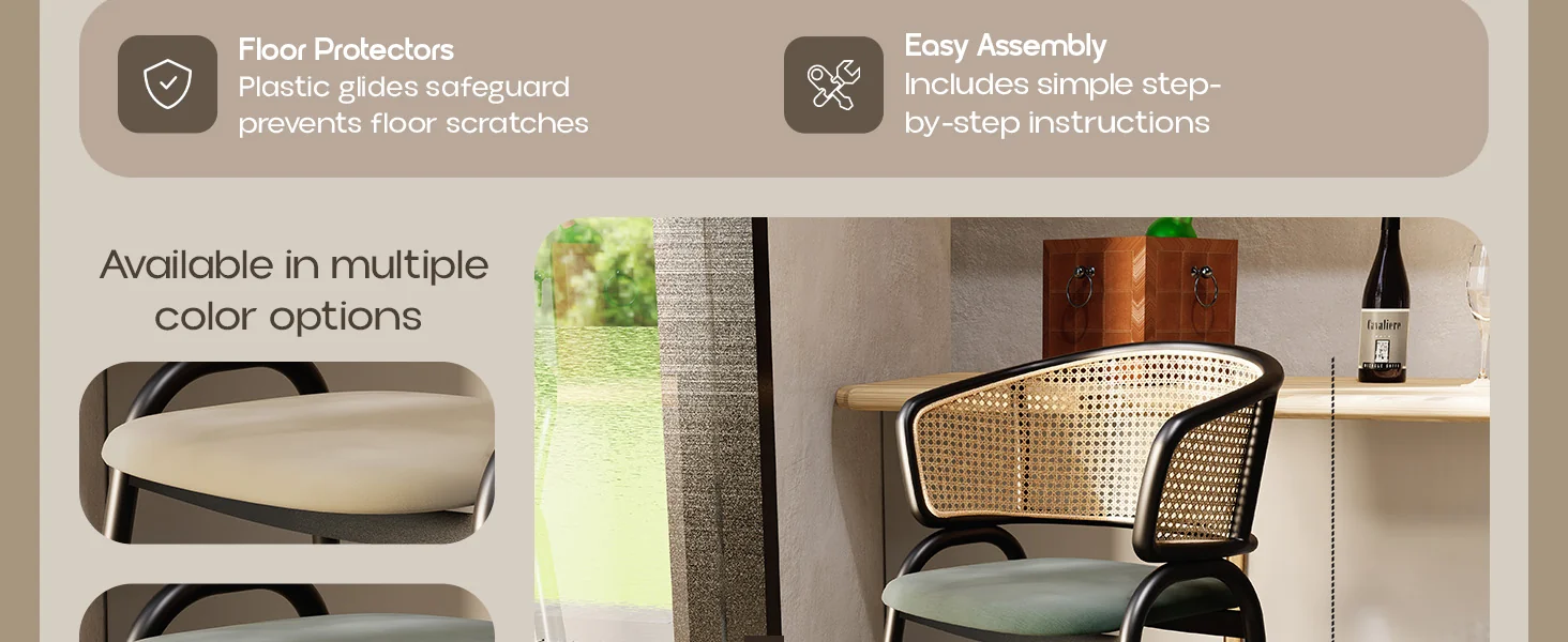 Ervilla Wicker Bar Stool with Fabric Seat and Black Steel Frame - Grey Leather