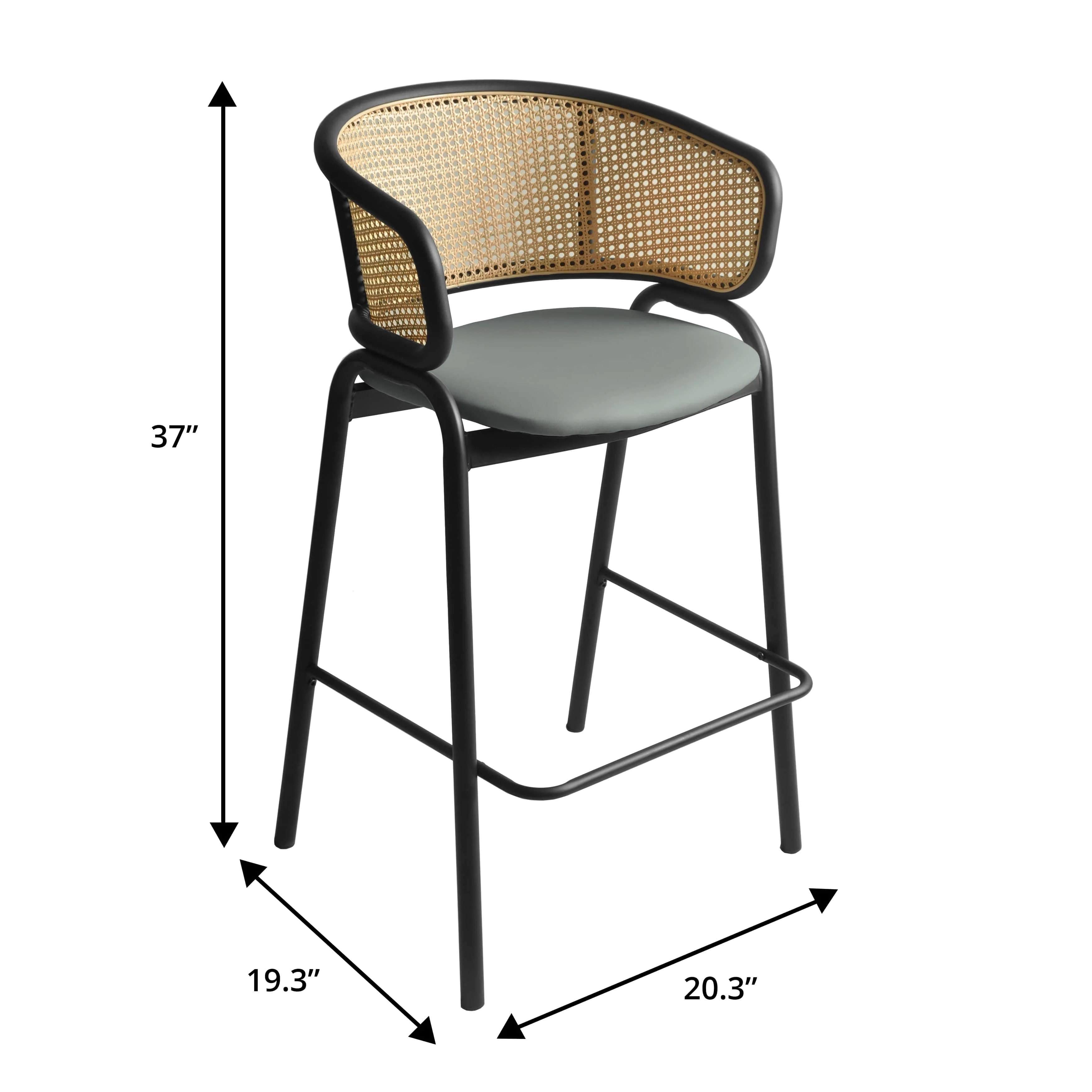 Ervilla Wicker Bar Stool with Fabric Seat and Black Steel Frame - Grey Leather
