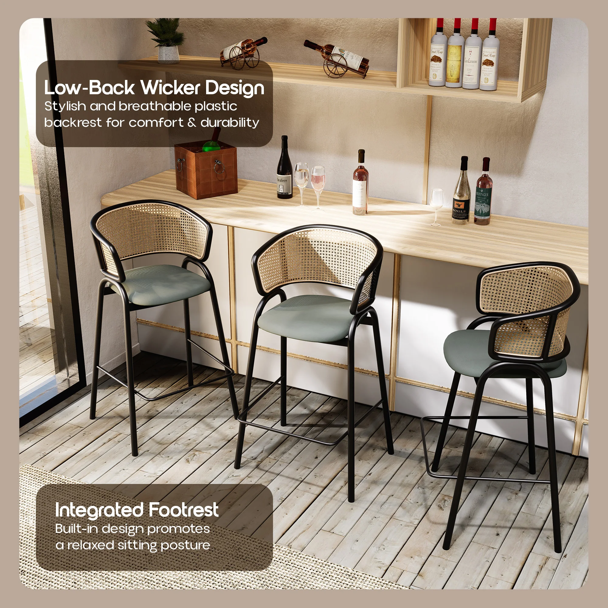 Ervilla Wicker Bar Stool with Fabric Seat and Black Steel Frame - Grey Leather