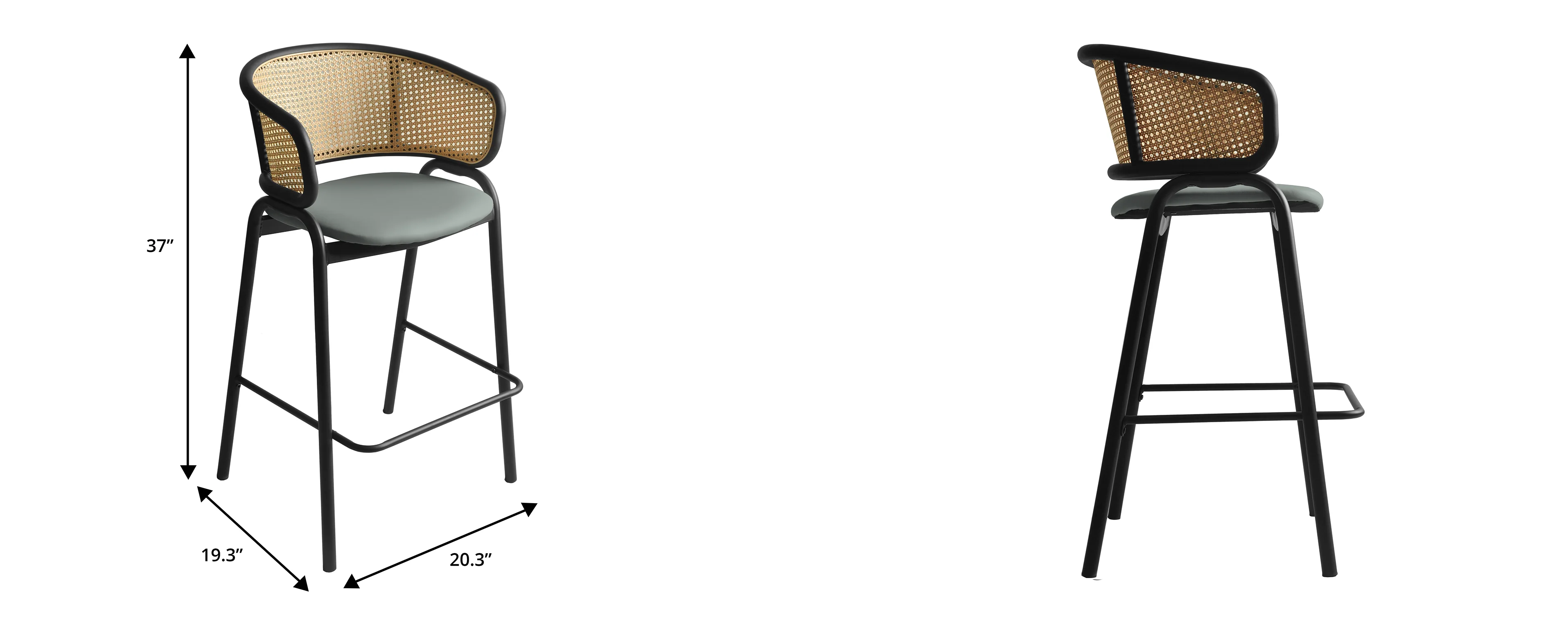 Ervilla Wicker Bar Stool with Fabric Seat and Black Steel Frame - Grey Leather