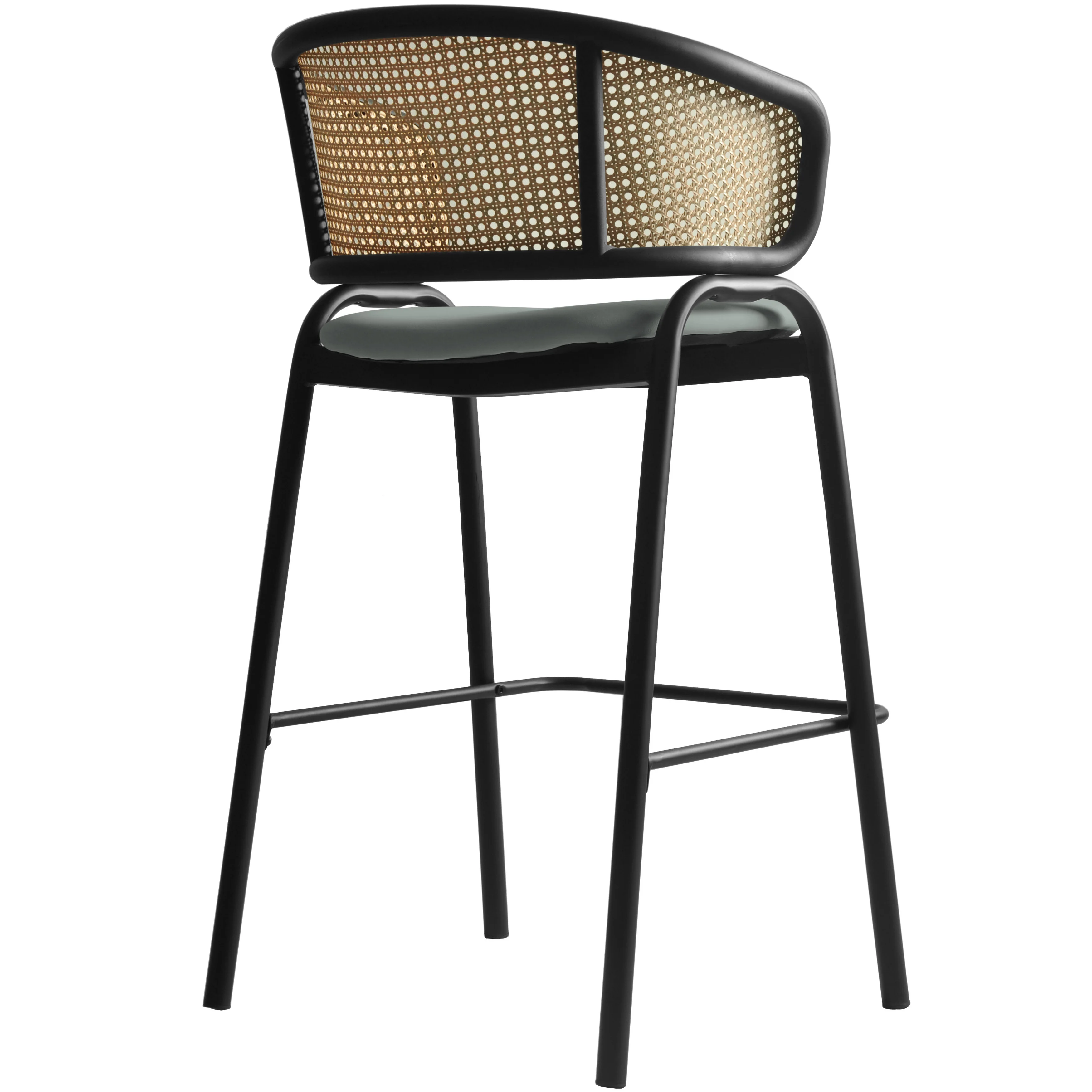 Ervilla Wicker Bar Stool with Fabric Seat and Black Steel Frame - Grey Leather