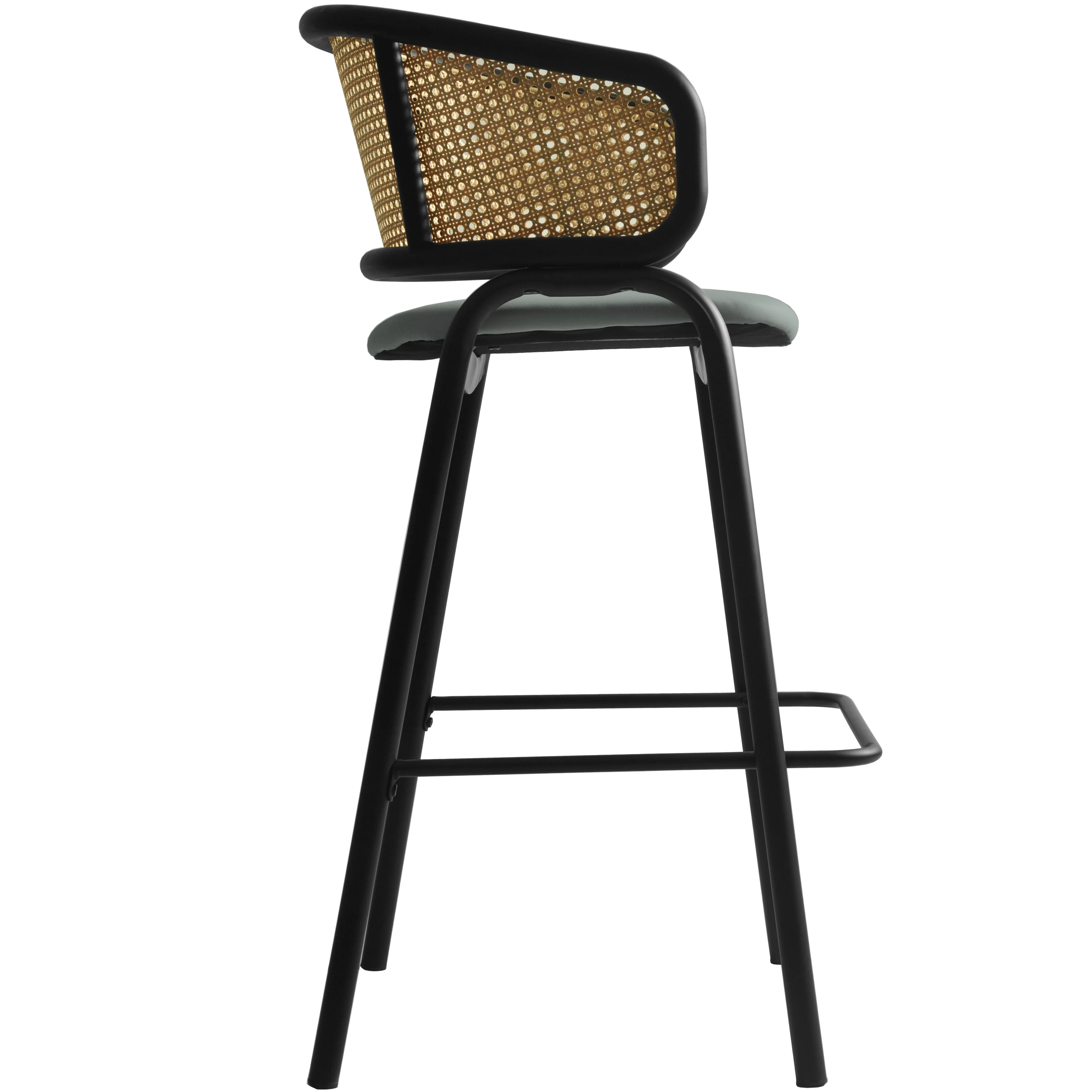 Ervilla Wicker Bar Stool with Fabric Seat and Black Steel Frame - Grey Leather