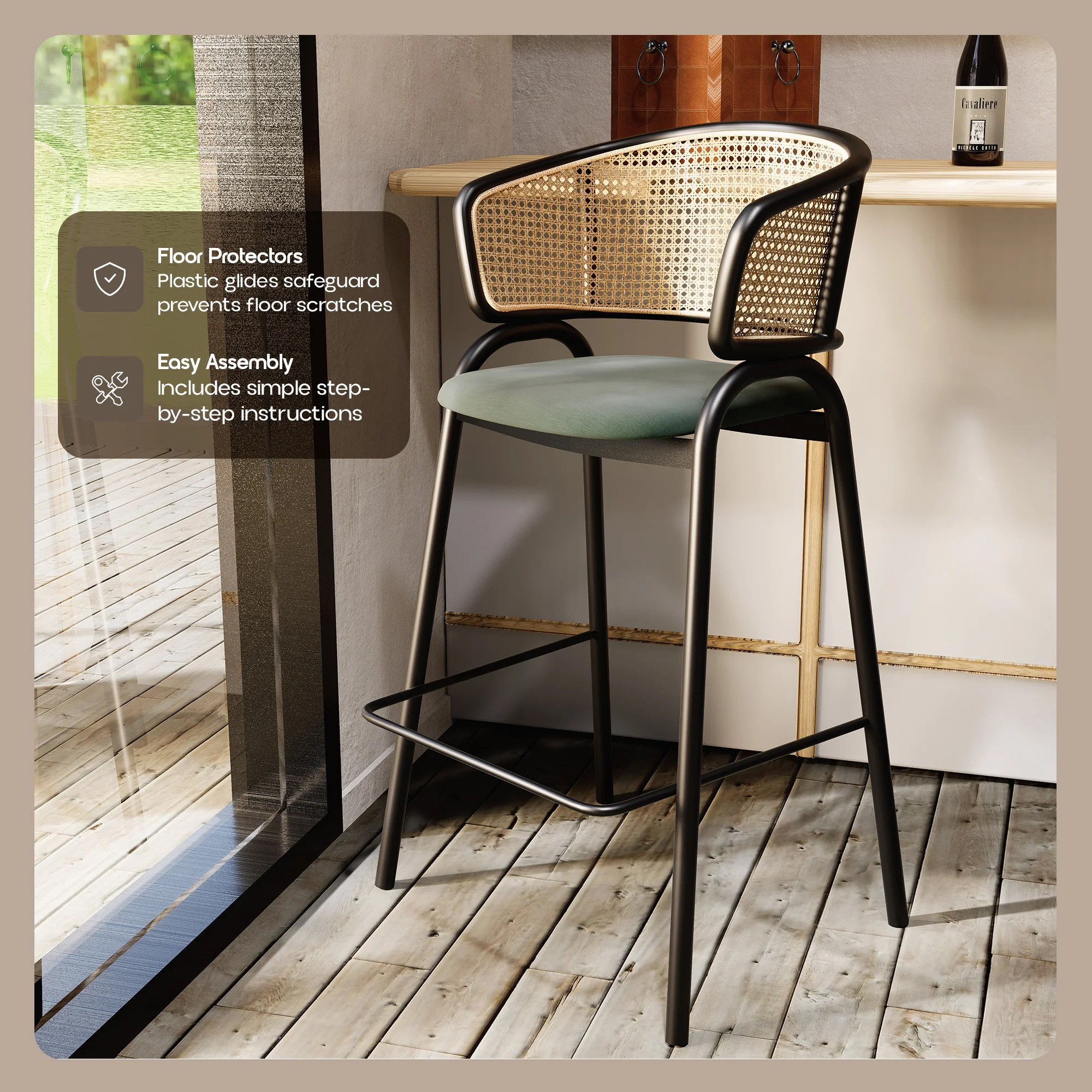Ervilla Wicker Bar Stool with Fabric Seat and Black Steel Frame - Grey Leather - Set of 2