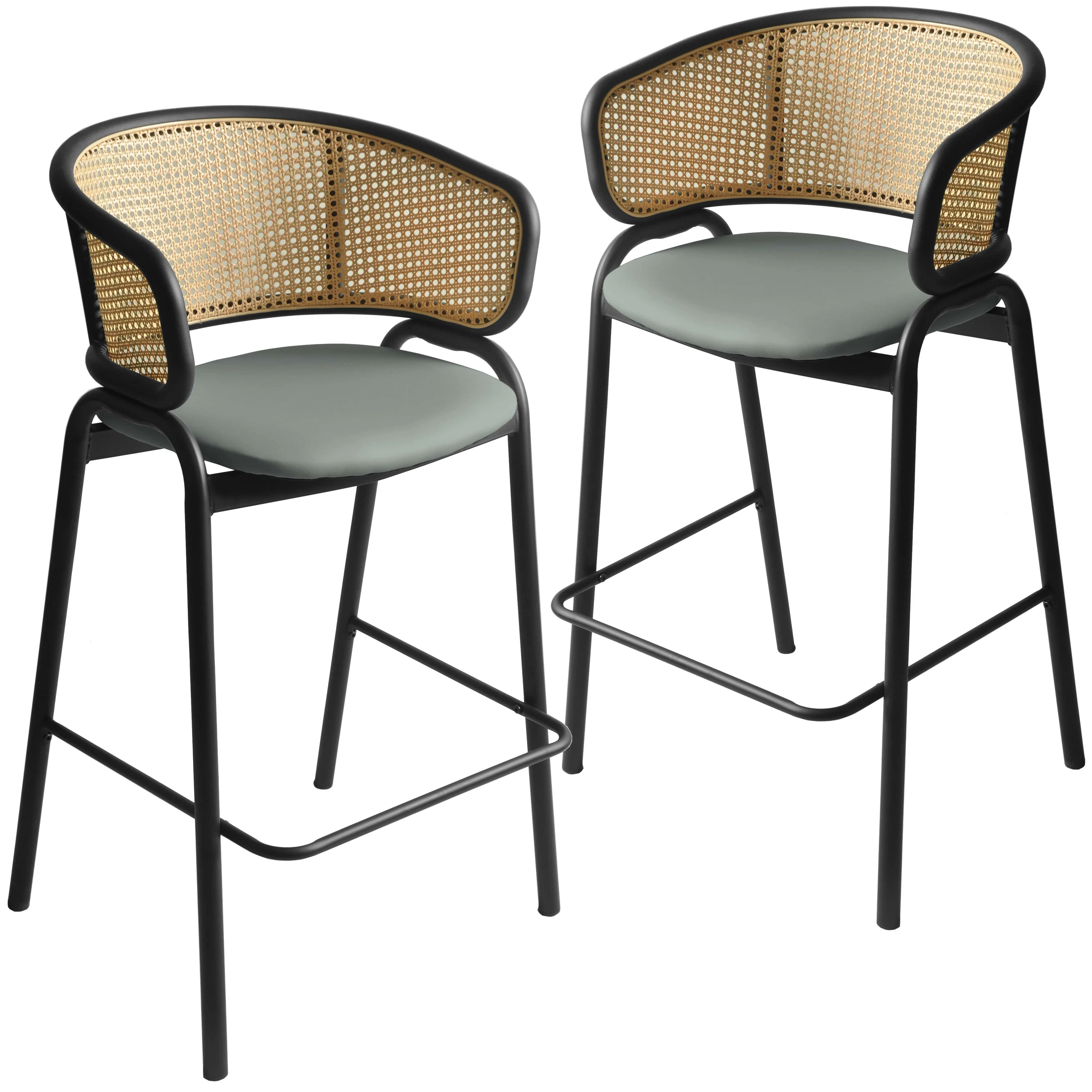 Ervilla Wicker Bar Stool with Fabric Seat and Black Steel Frame - Grey Leather - Set of 2