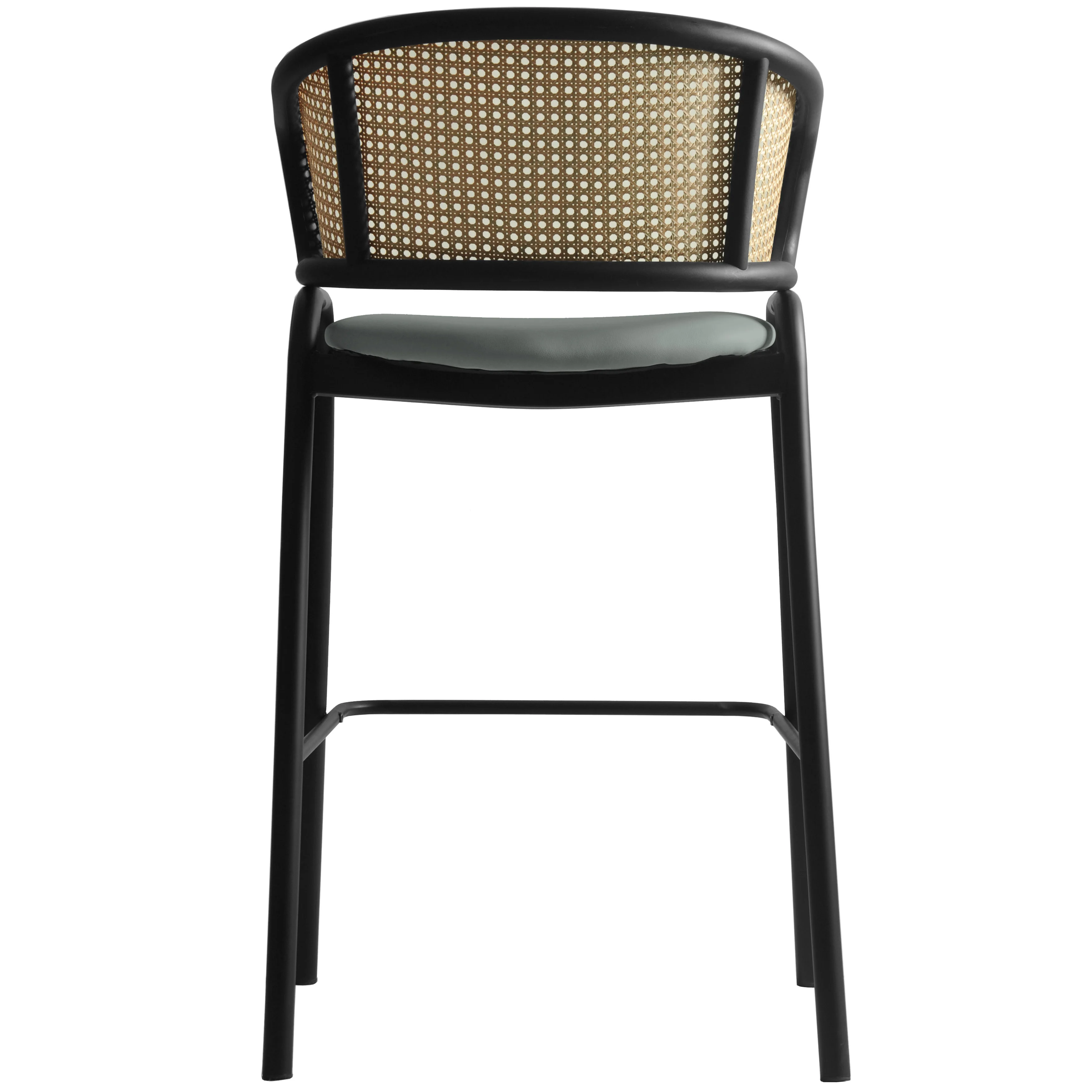 Ervilla Wicker Bar Stool with Fabric Seat and Black Steel Frame - Grey Leather - Set of 2