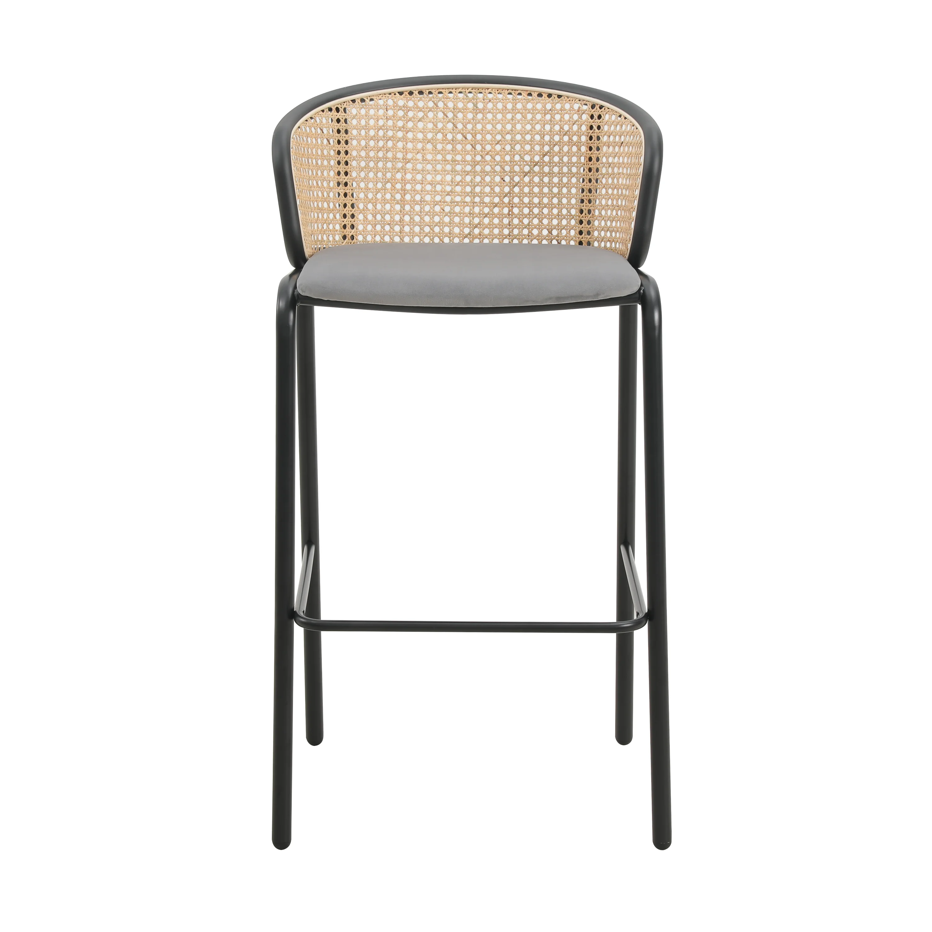 Ervilla Mid-Century Modern Wicker Bar Stool with Fabric Seat and Black Powder Coated Steel Frame for Kitchen and Dining Room in Grey