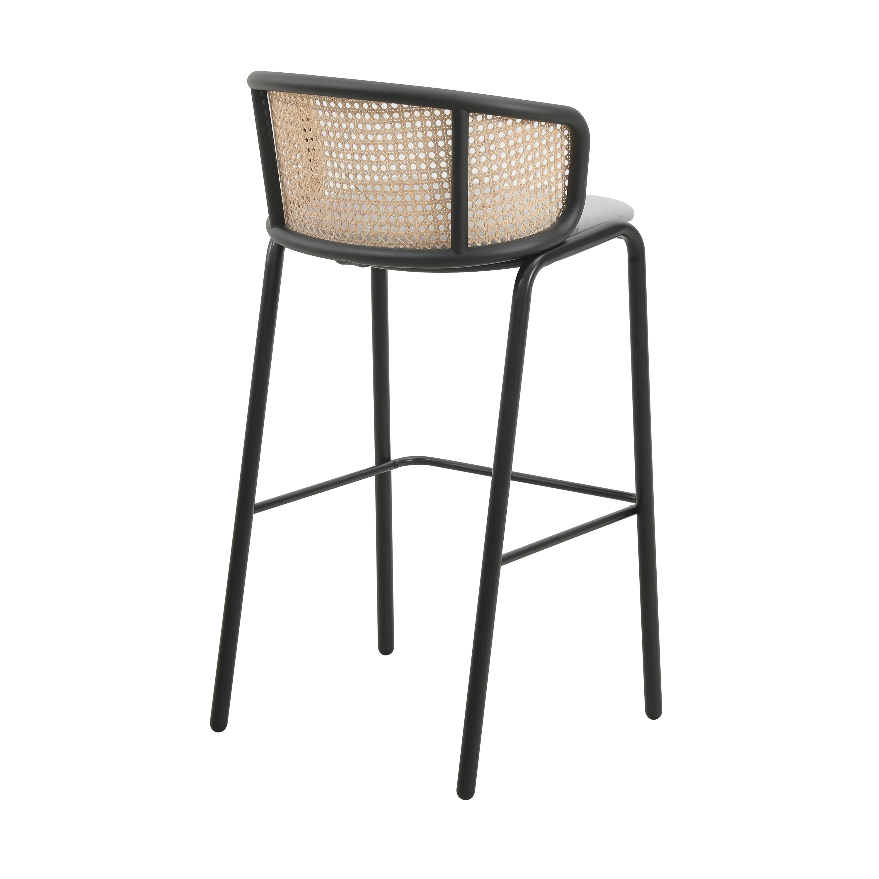 Ervilla Mid-Century Modern Wicker Bar Stool with Fabric Seat and Black Powder Coated Steel Frame for Kitchen and Dining Room in Grey