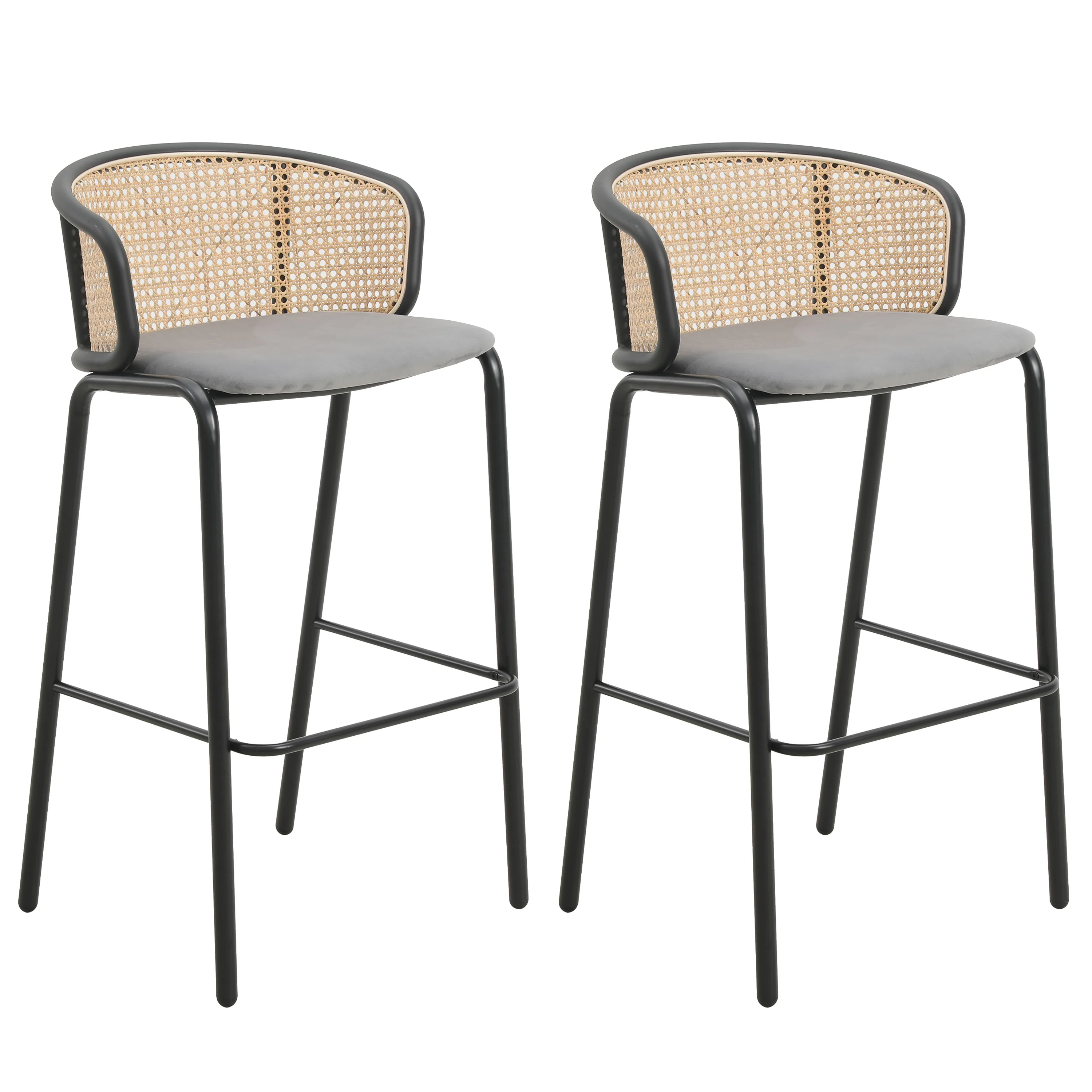Ervilla Mid-Century Modern Wicker Bar Stool with Fabric Seat and Black Powder Coated Steel Frame, Set of 2 in Grey