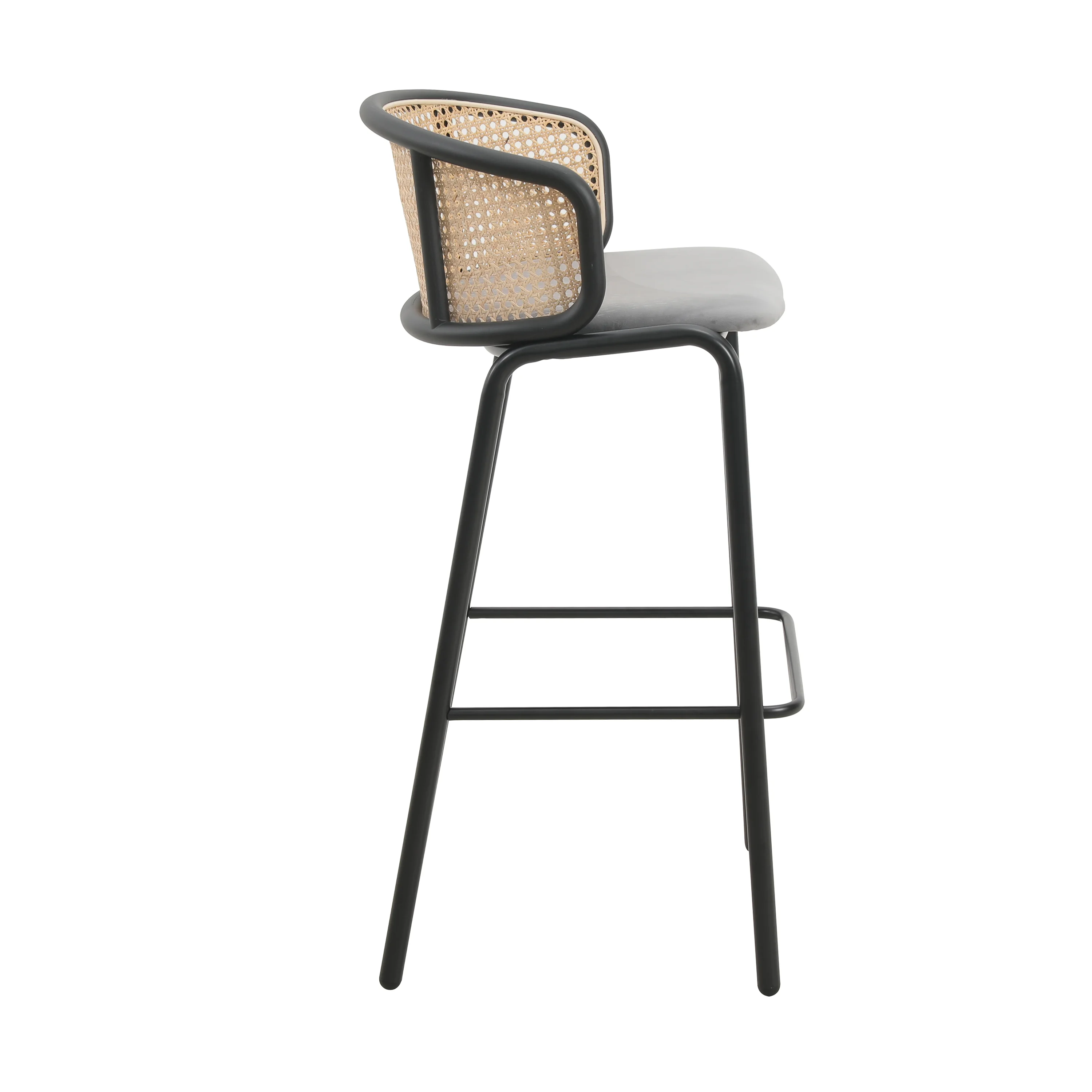 Ervilla Mid-Century Modern Wicker Bar Stool with Fabric Seat and Black Powder Coated Steel Frame, Set of 2 in Grey