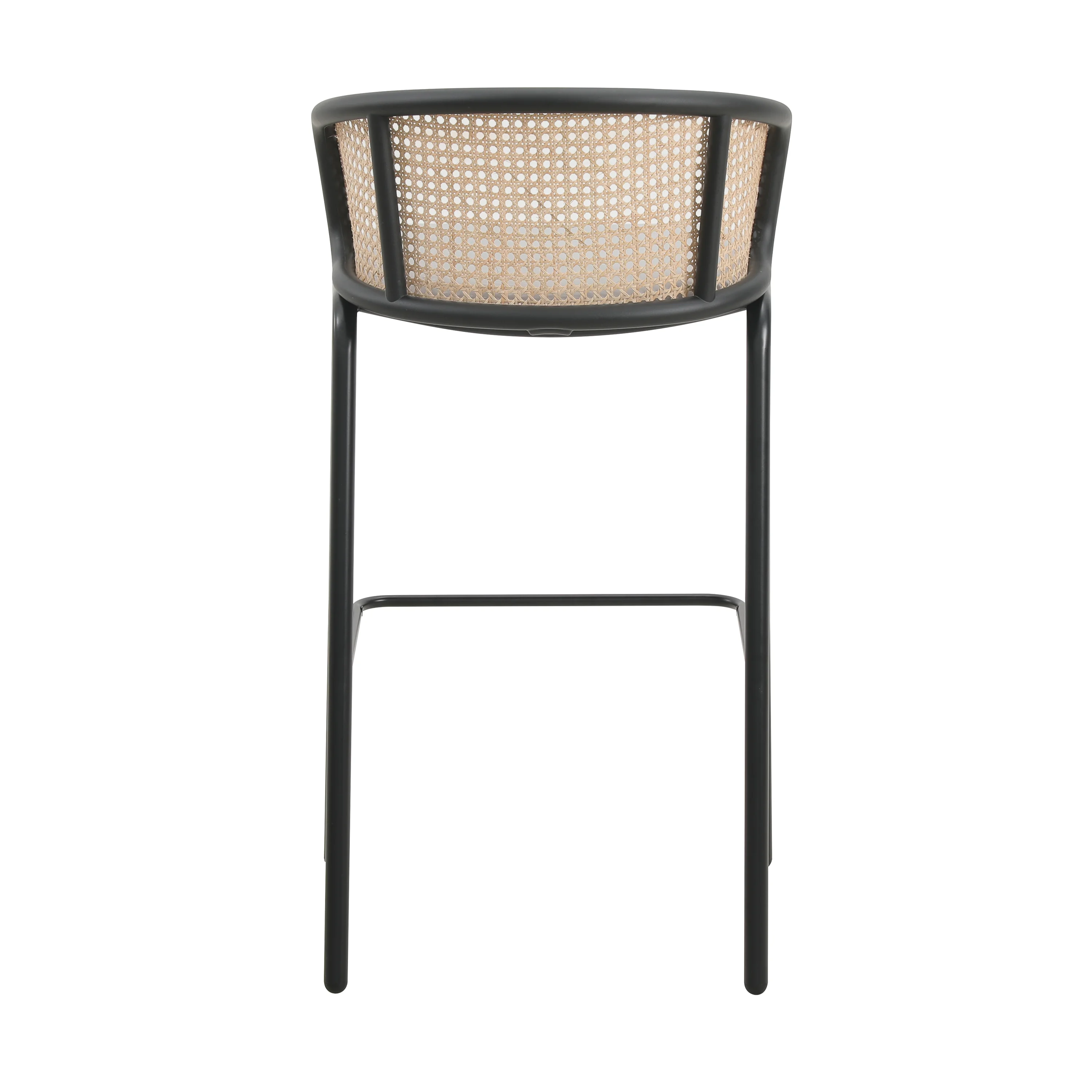 Ervilla Mid-Century Modern Wicker Bar Stool with Fabric Seat and Black Powder Coated Steel Frame, Set of 2 in Grey