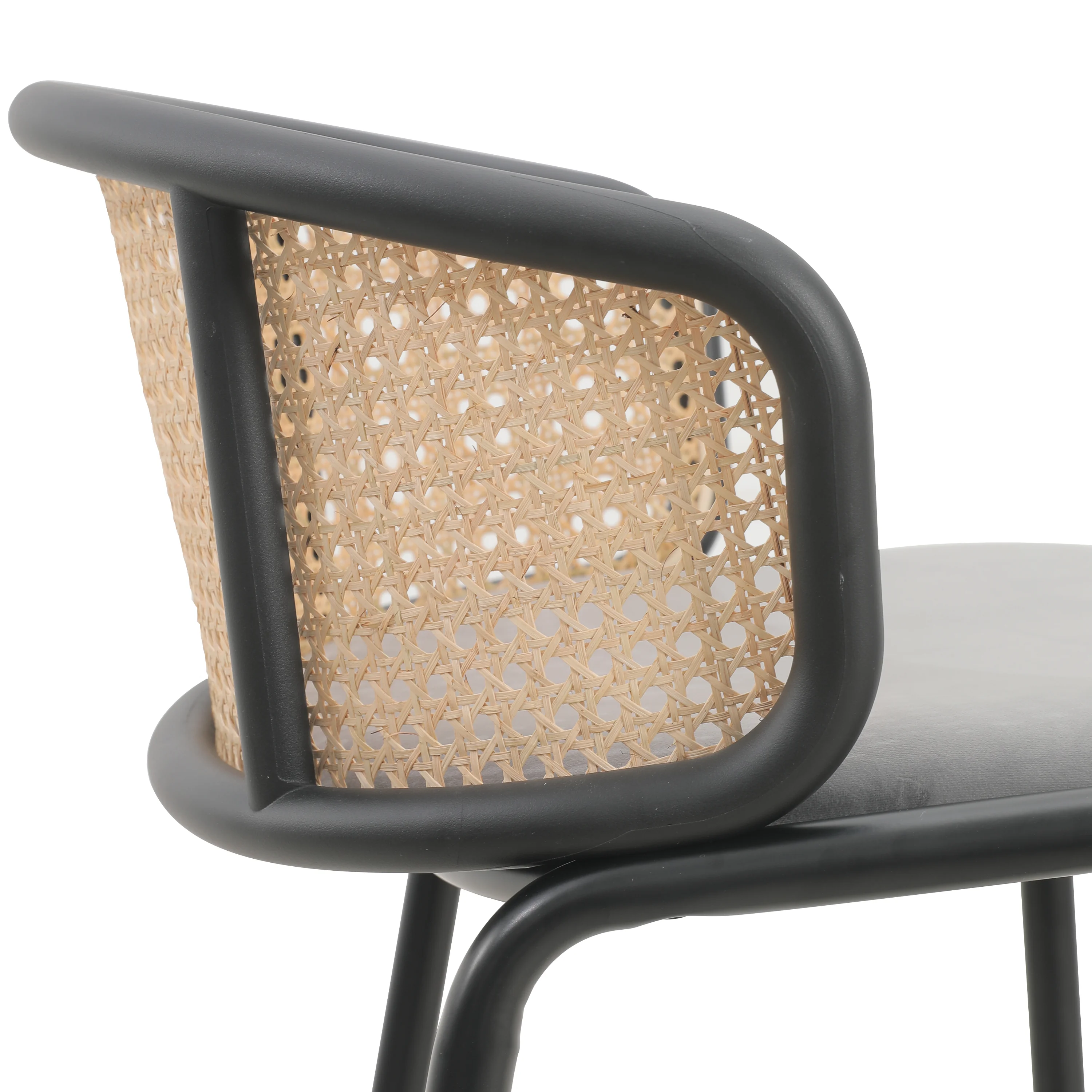 Ervilla Mid-Century Modern Wicker Bar Stool with Fabric Seat and Black Powder Coated Steel Frame, Set of 2 in Grey