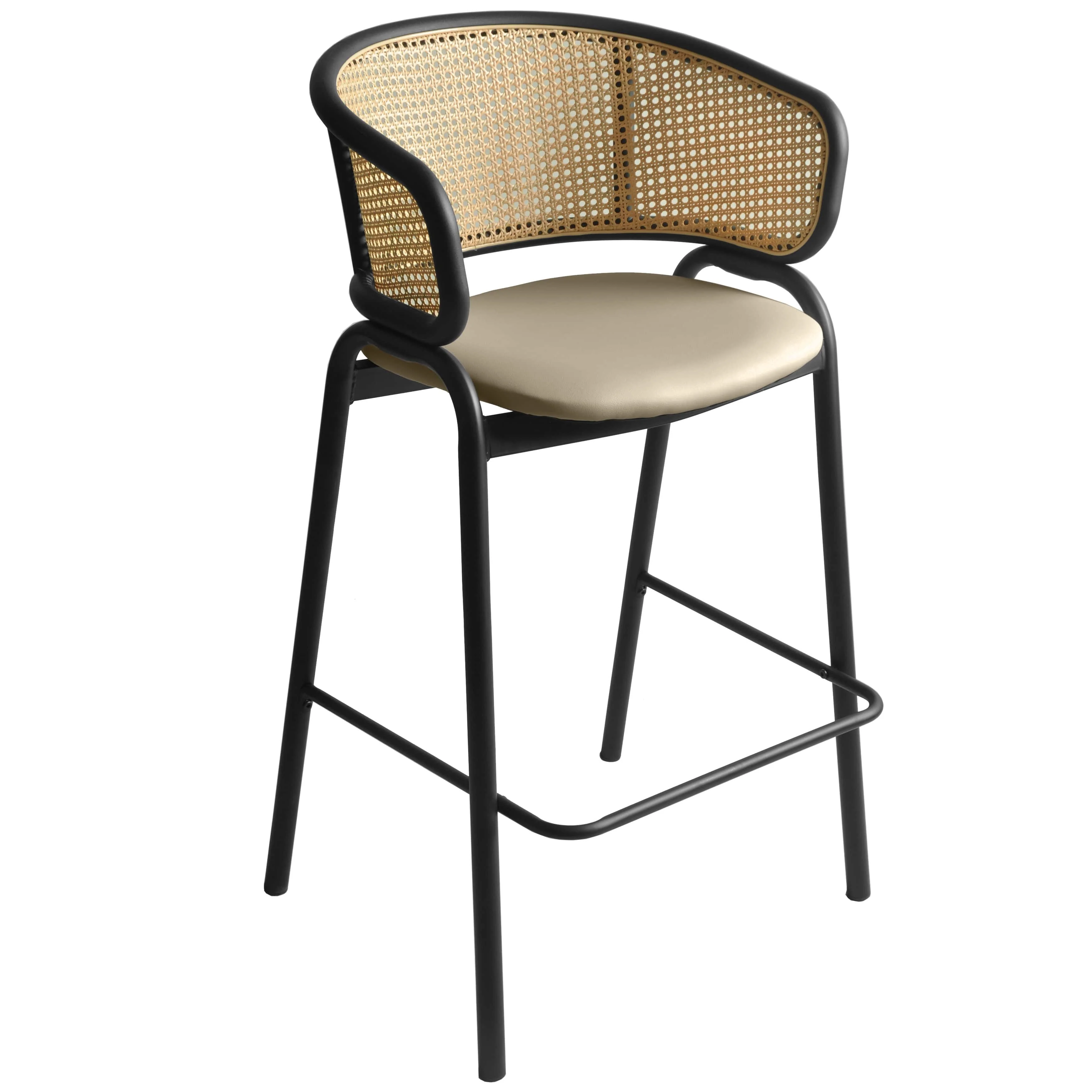 Ervilla Wicker Bar Stool with Fabric Seat and Black Steel Frame - Taupe