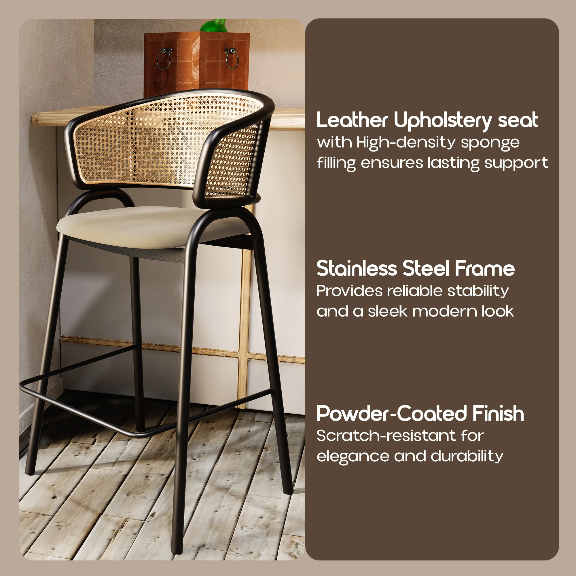 Ervilla Wicker Bar Stool with Fabric Seat and Black Steel Frame - Taupe