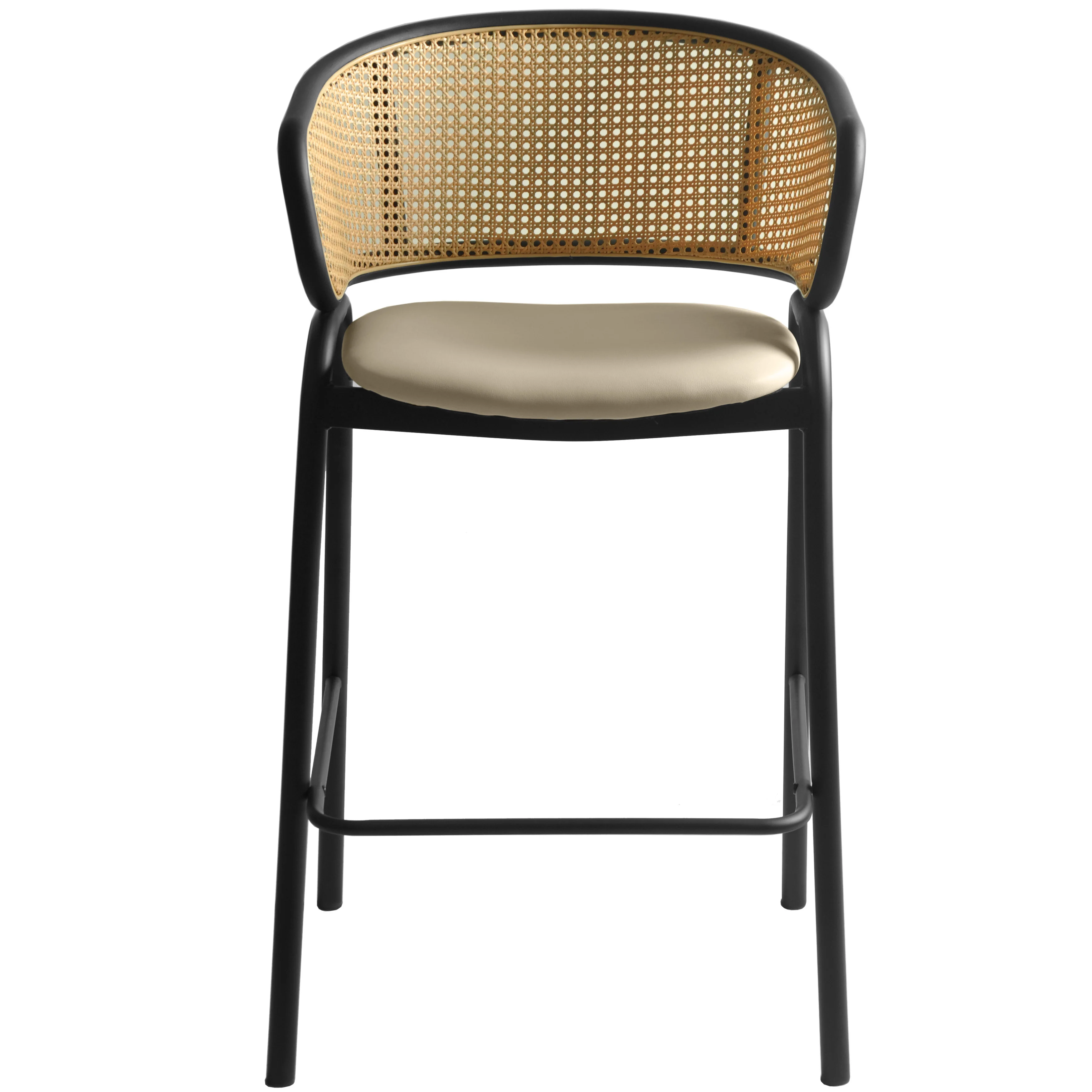 Ervilla Wicker Bar Stool with Fabric Seat and Black Steel Frame - Taupe - Set of 2