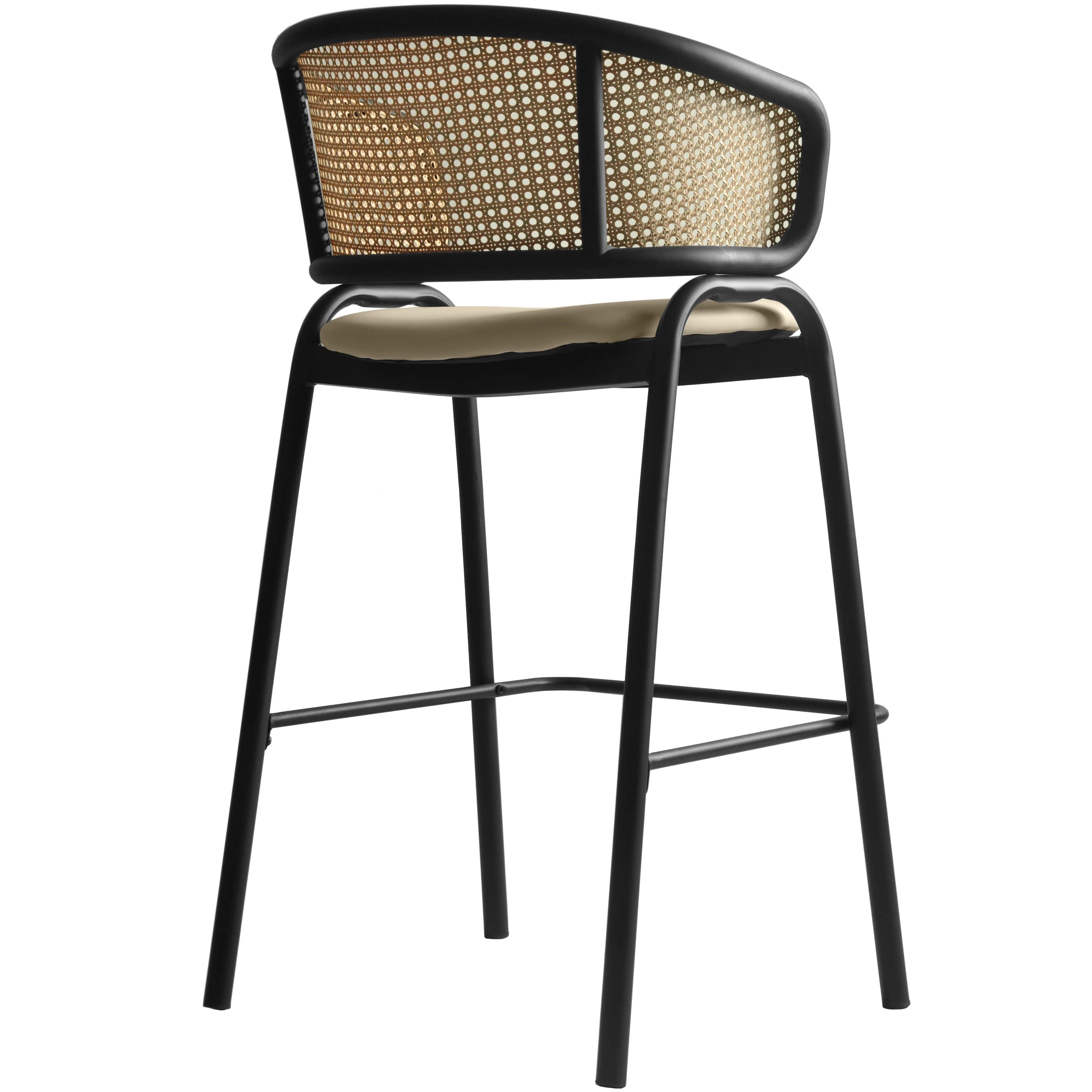 Ervilla Wicker Bar Stool with Fabric Seat and Black Steel Frame - Taupe - Set of 2