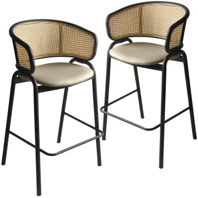 Ervilla Wicker Bar Stool with Fabric Seat and Black Steel Frame - Taupe - Set of 2