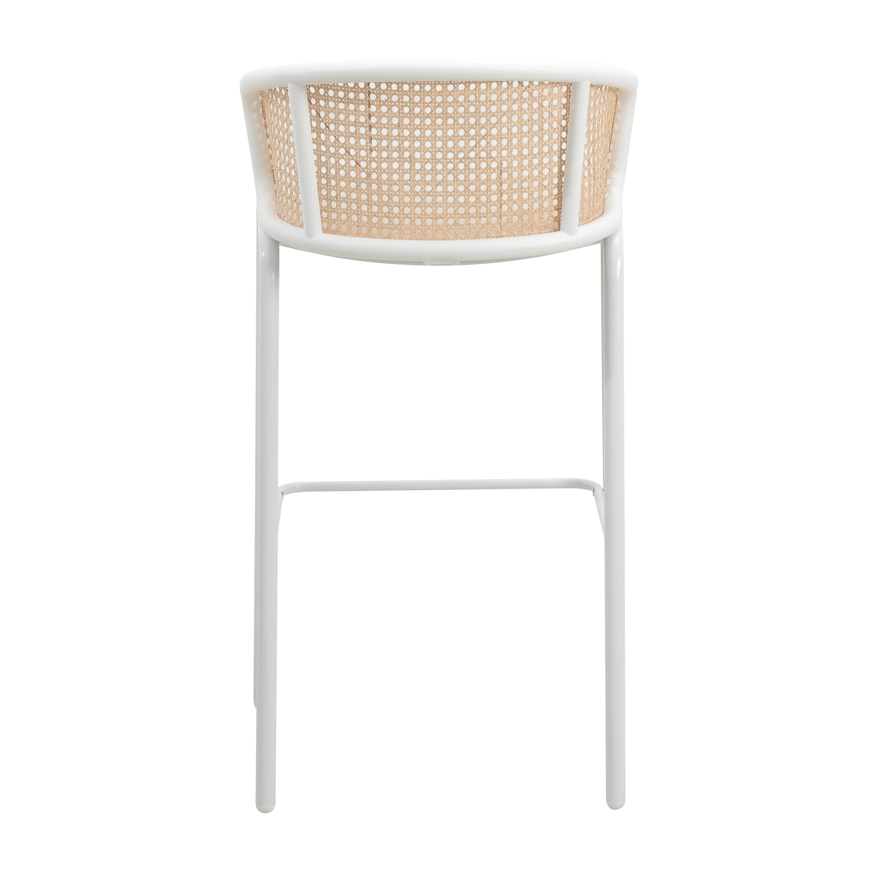 Ervilla Mid-Century Modern Wicker Bar Stool with Fabric Seat and White Powder Coated Steel Frame, Set of 2 in Beige