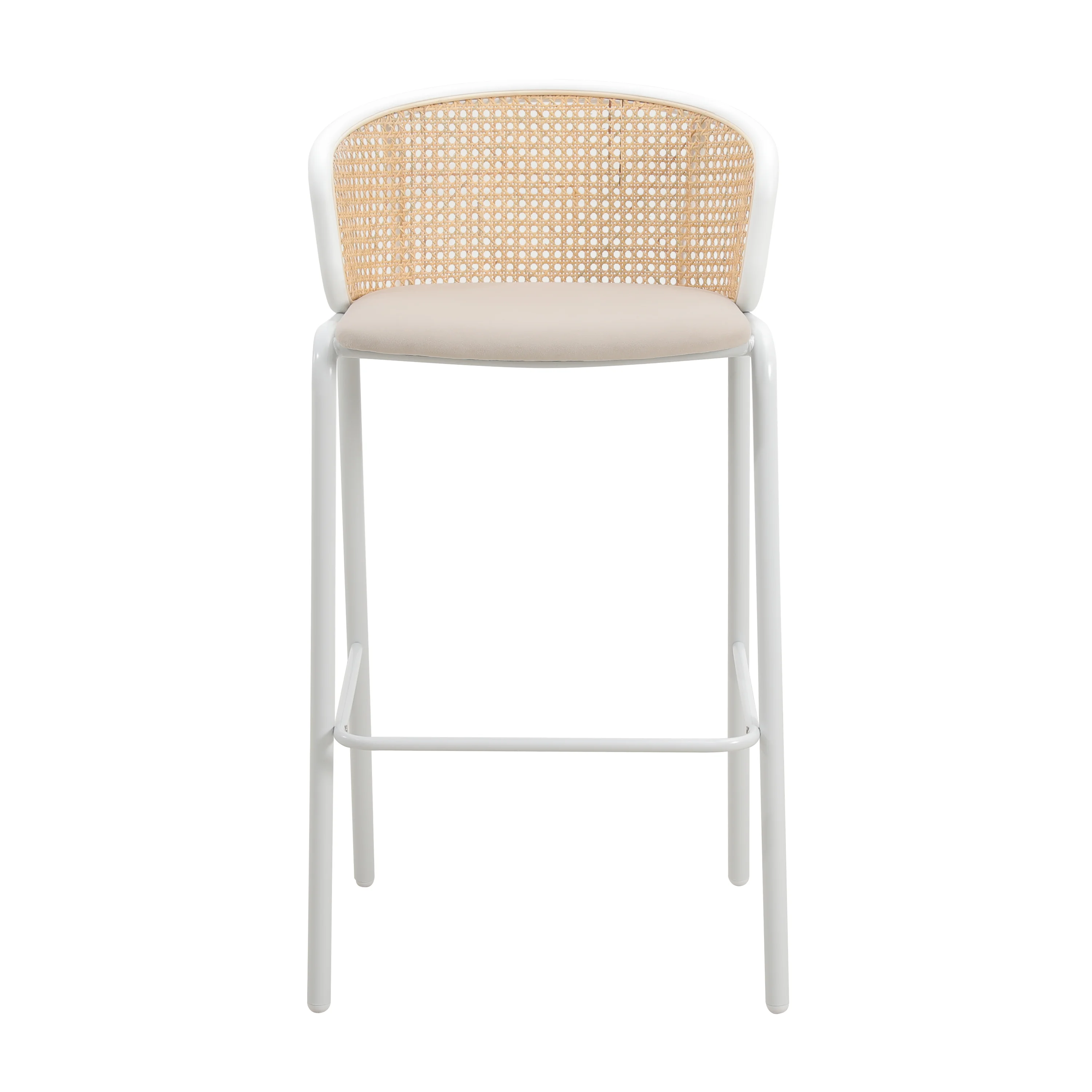 Ervilla Mid-Century Modern Wicker Bar Stool with Fabric Seat and White Powder Coated Steel Frame, Set of 2 in Beige