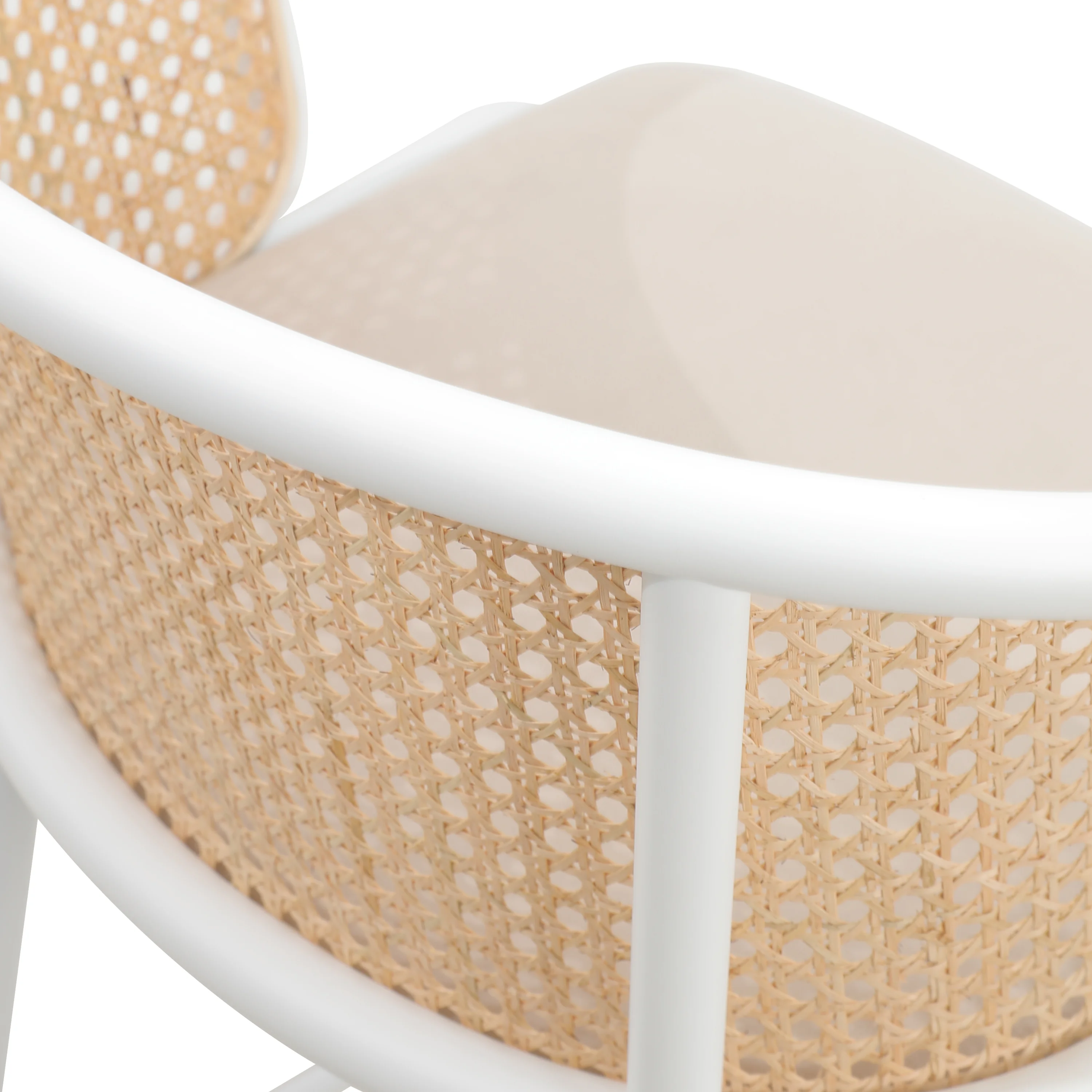 Ervilla Mid-Century Modern Wicker Bar Stool with Fabric Seat and White Powder Coated Steel Frame, Set of 2 in Beige