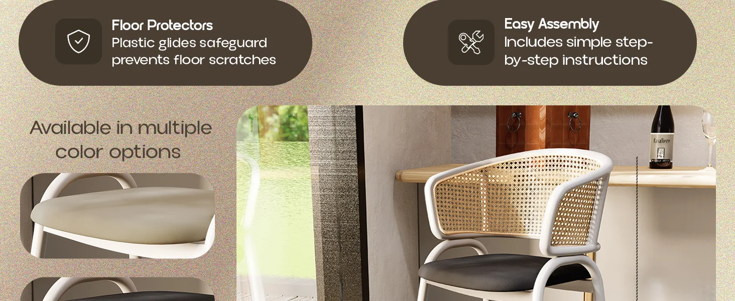 Ervilla Wicker Bar Stool with Fabric Seat and White Steel Frame - Black leather