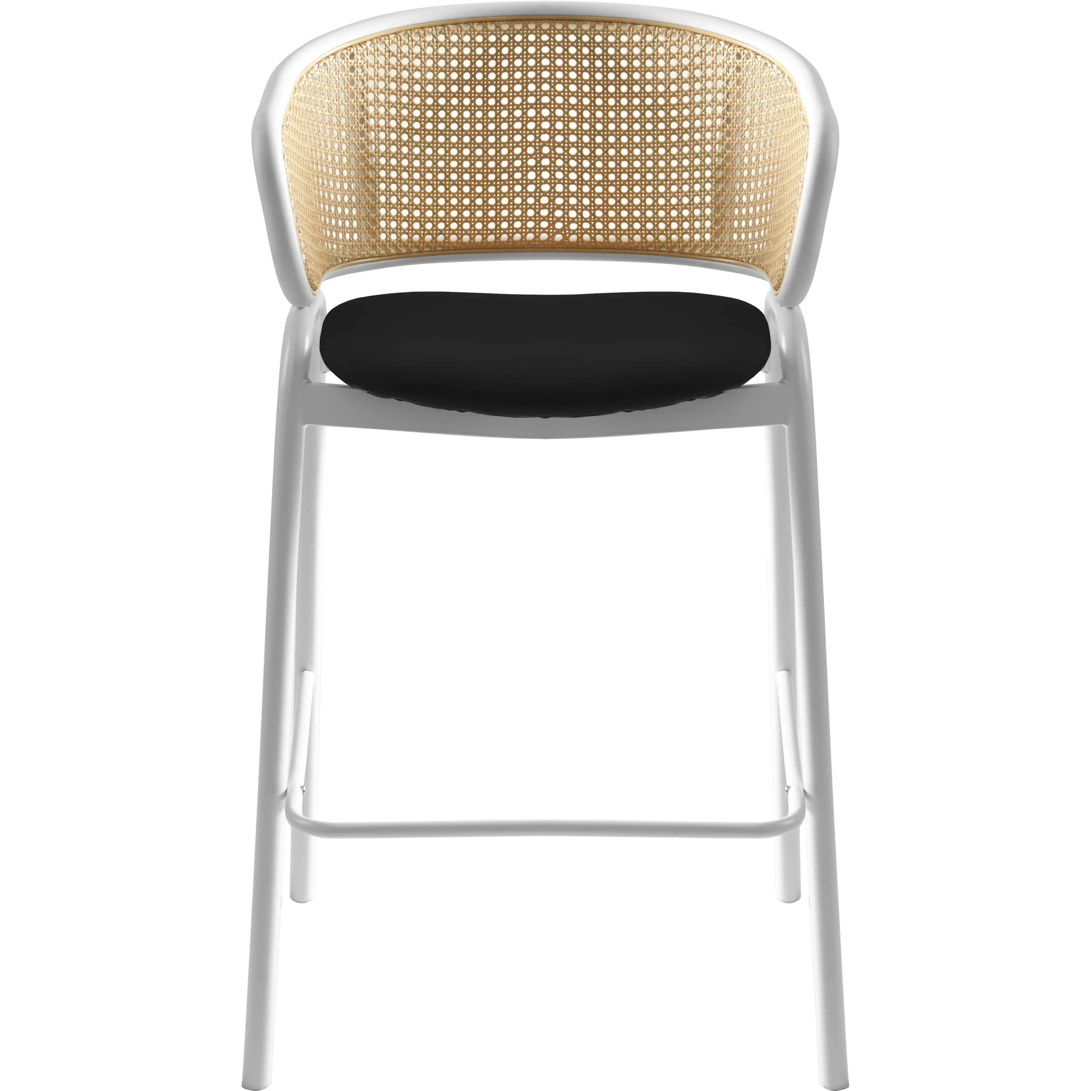 Ervilla Wicker Bar Stool with Fabric Seat and White Steel Frame - Black leather