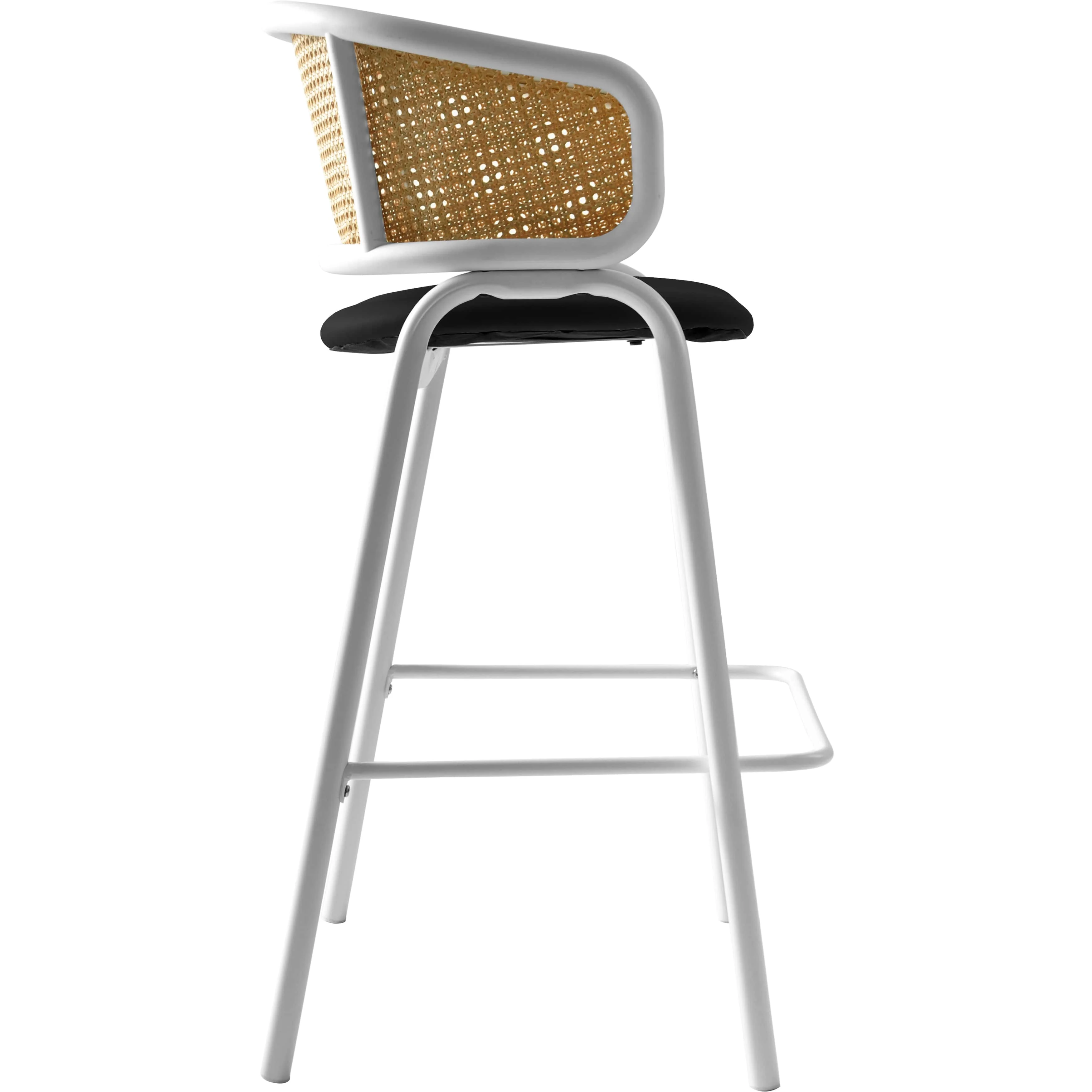 Ervilla Wicker Bar Stool with Fabric Seat and White Steel Frame - Black leather