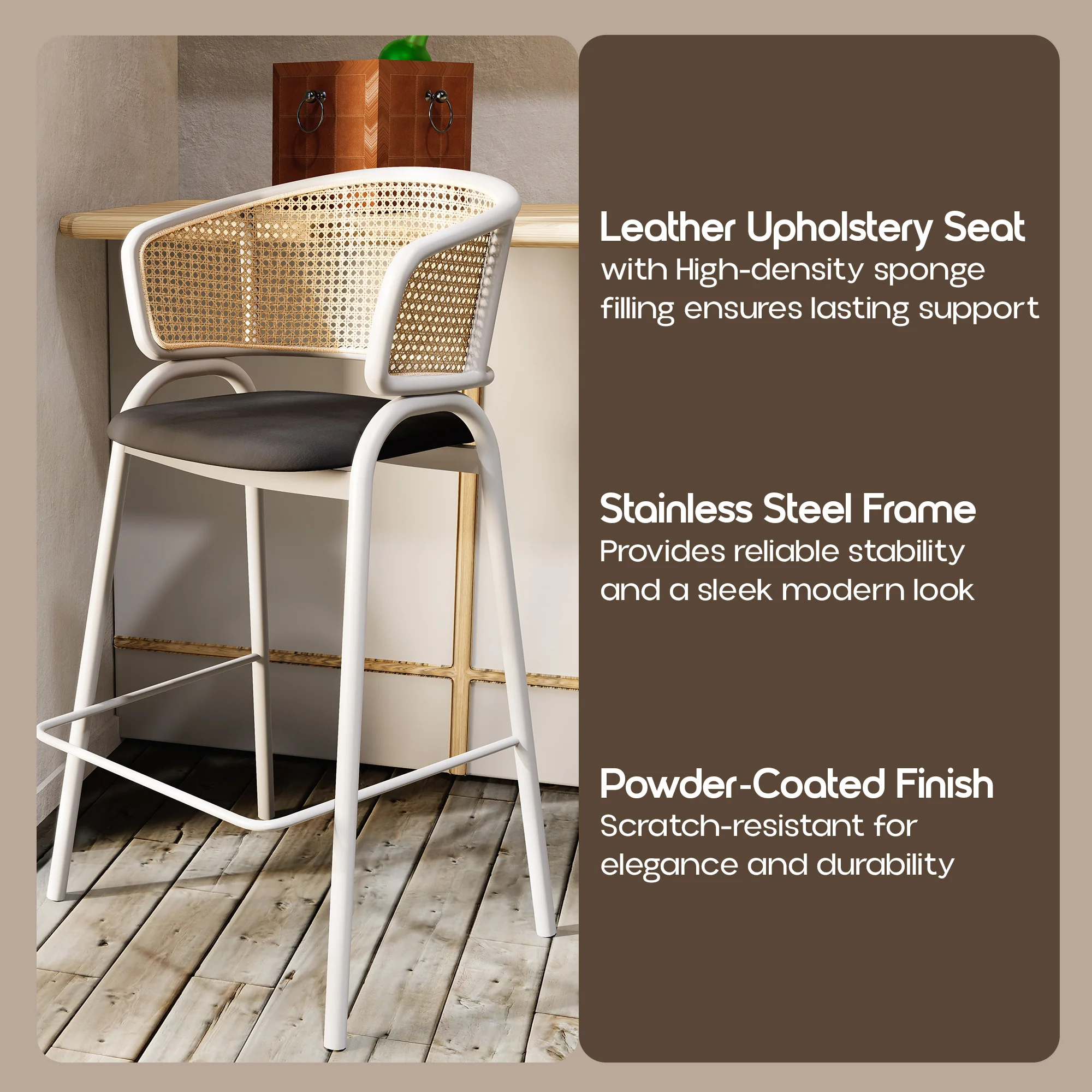Ervilla Wicker Bar Stool with Fabric Seat and White Steel Frame - Black leather - Set of 2
