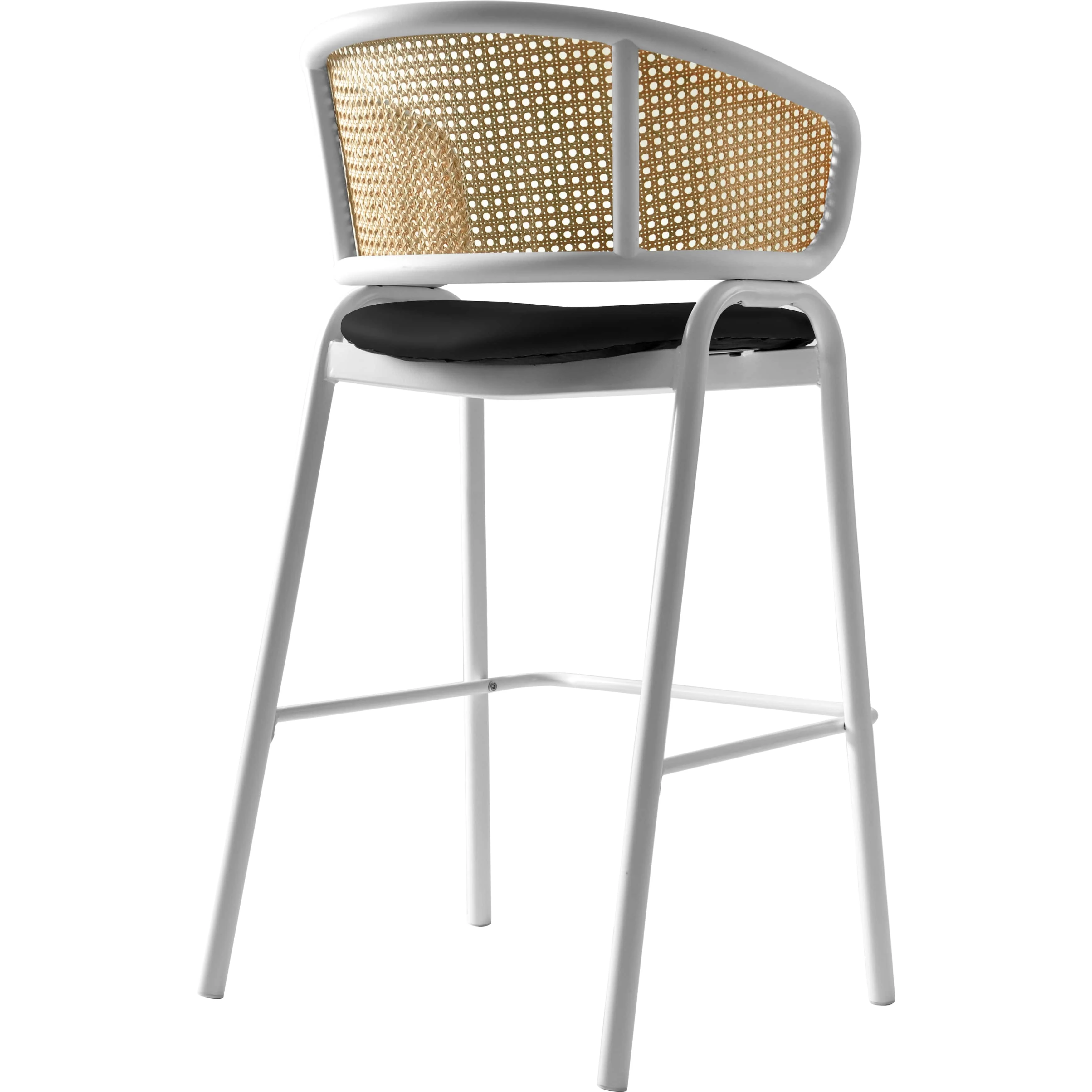 Ervilla Wicker Bar Stool with Fabric Seat and White Steel Frame - Black leather - Set of 2