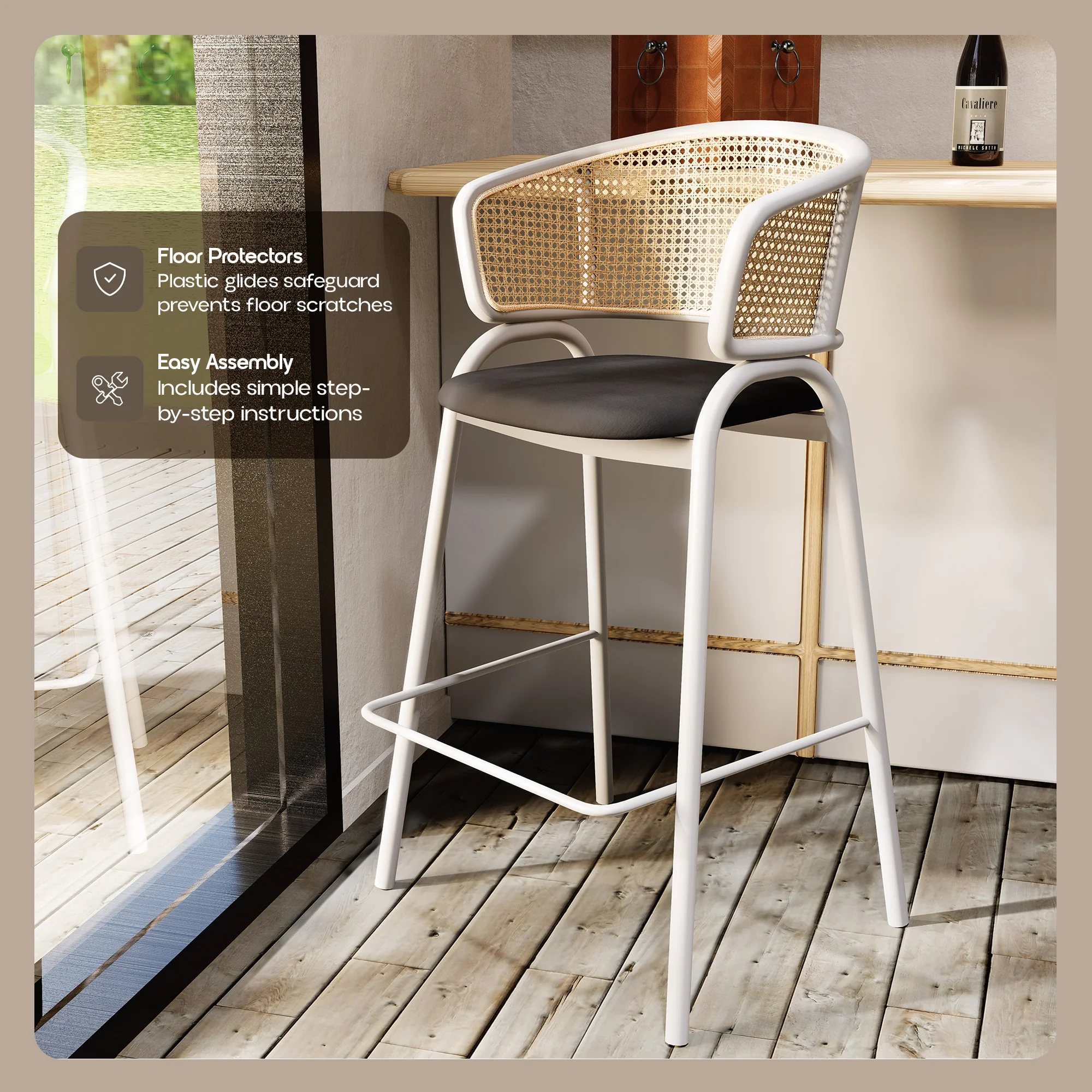 Ervilla Wicker Bar Stool with Fabric Seat and White Steel Frame - Black leather - Set of 2