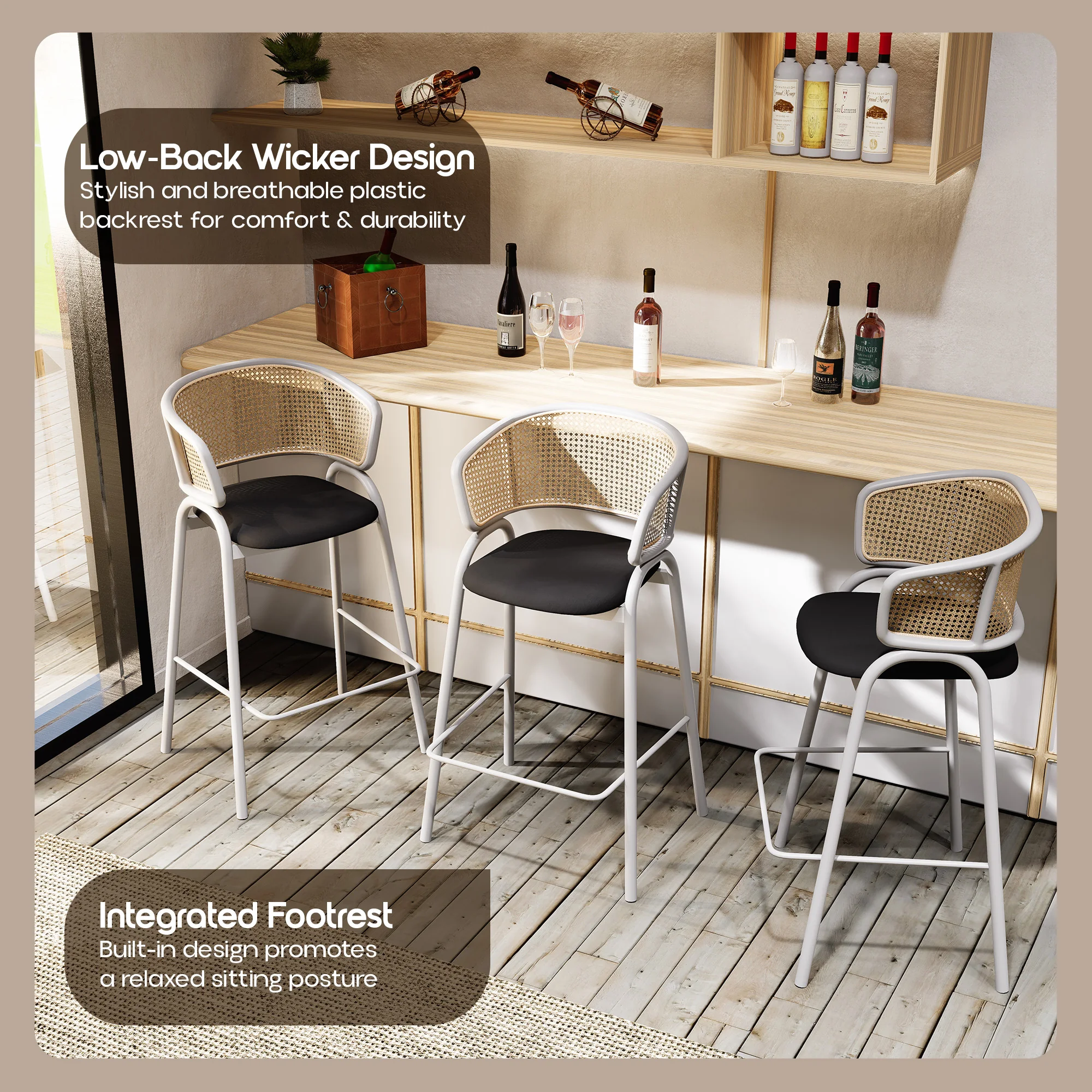 Ervilla Wicker Bar Stool with Fabric Seat and White Steel Frame - Black leather - Set of 2