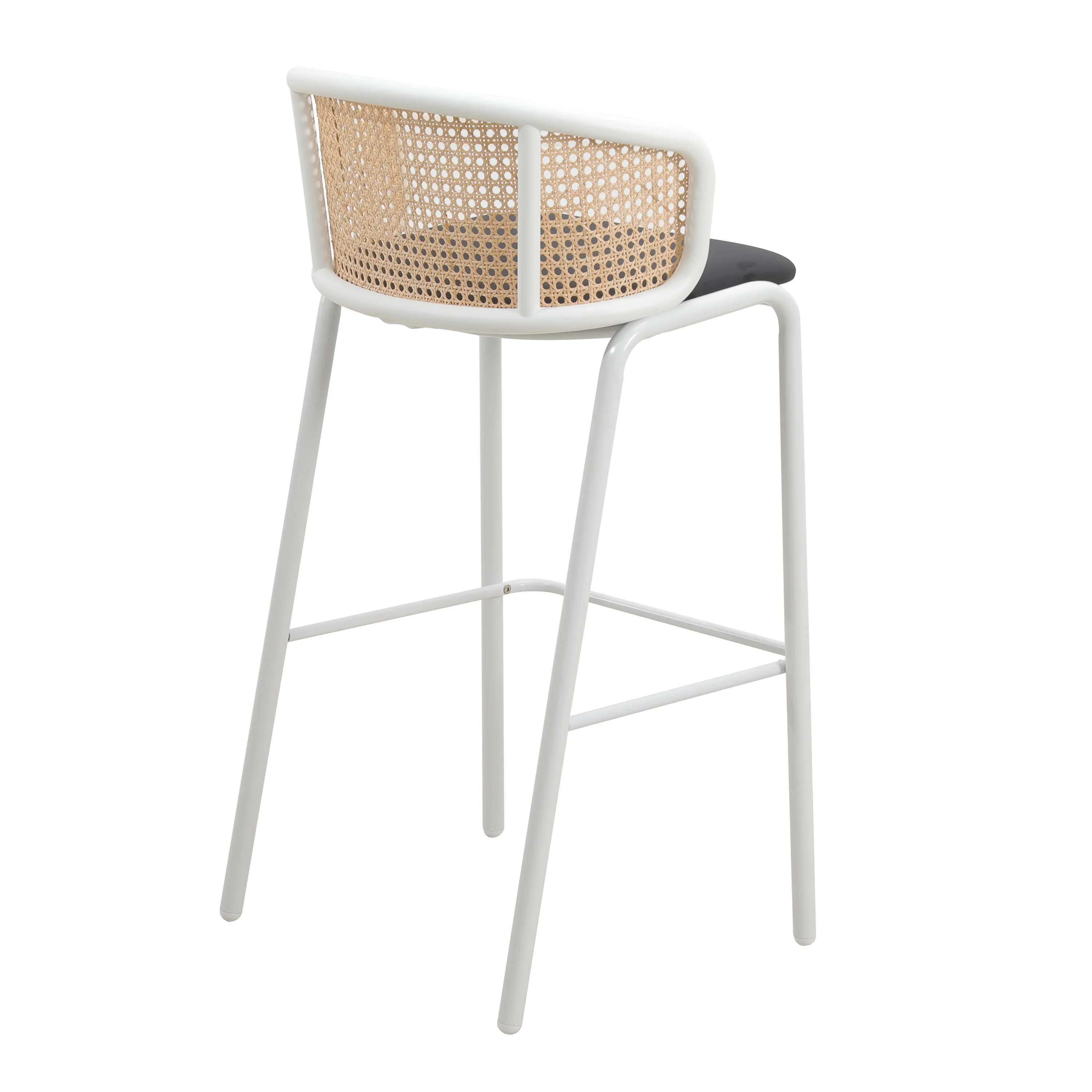 Ervilla Mid-Century Modern Wicker Bar Stool with Fabric Seat and White Powder Coated Steel Frame, Set of 2 in Black