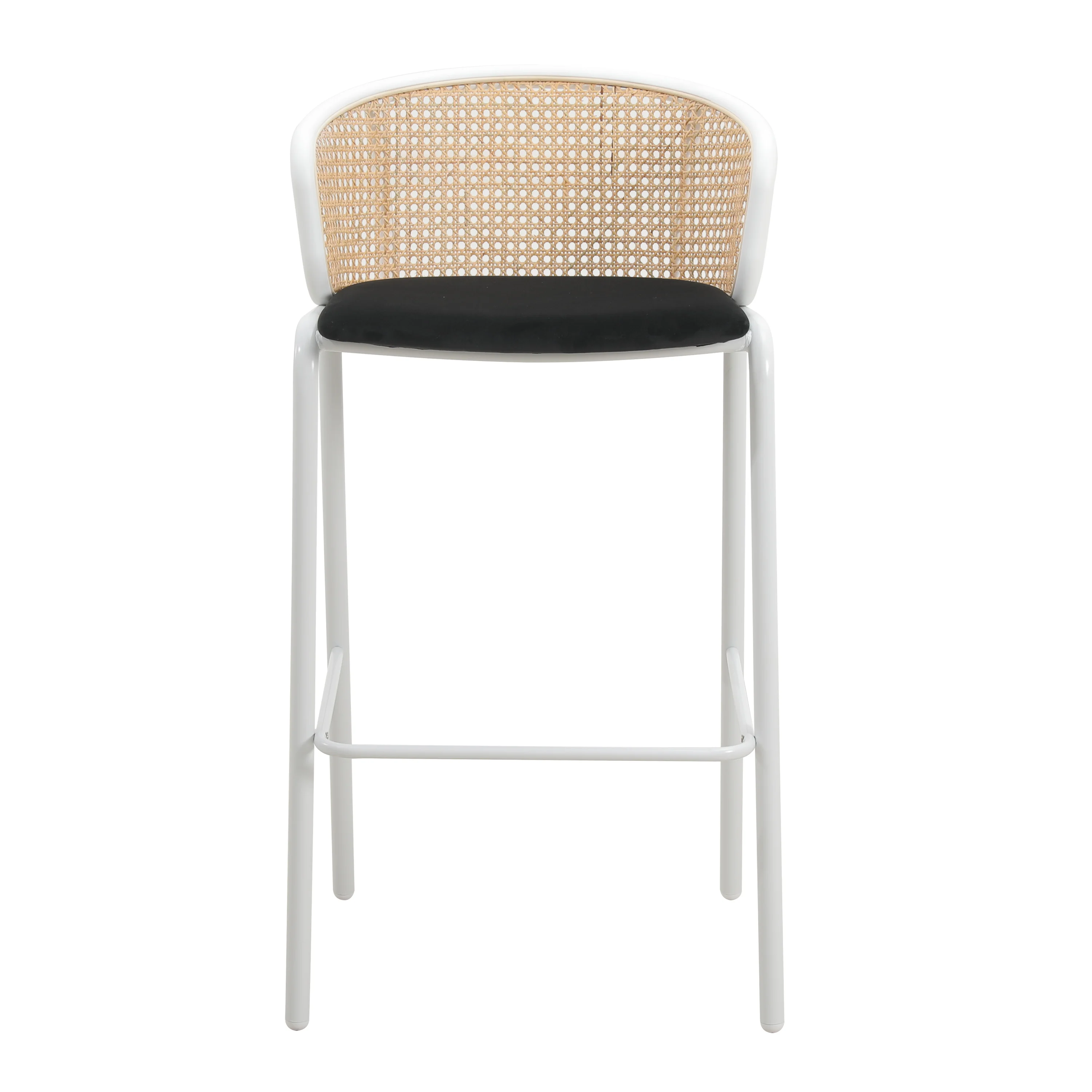 Ervilla Mid-Century Modern Wicker Bar Stool with Fabric Seat and White Powder Coated Steel Frame, Set of 2 in Black
