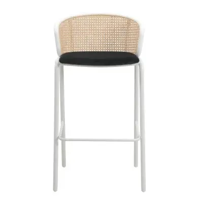 Ervilla Mid-Century Modern Wicker Bar Stool with Fabric Seat and White Powder Coated Steel Frame, Set of 2 in Black